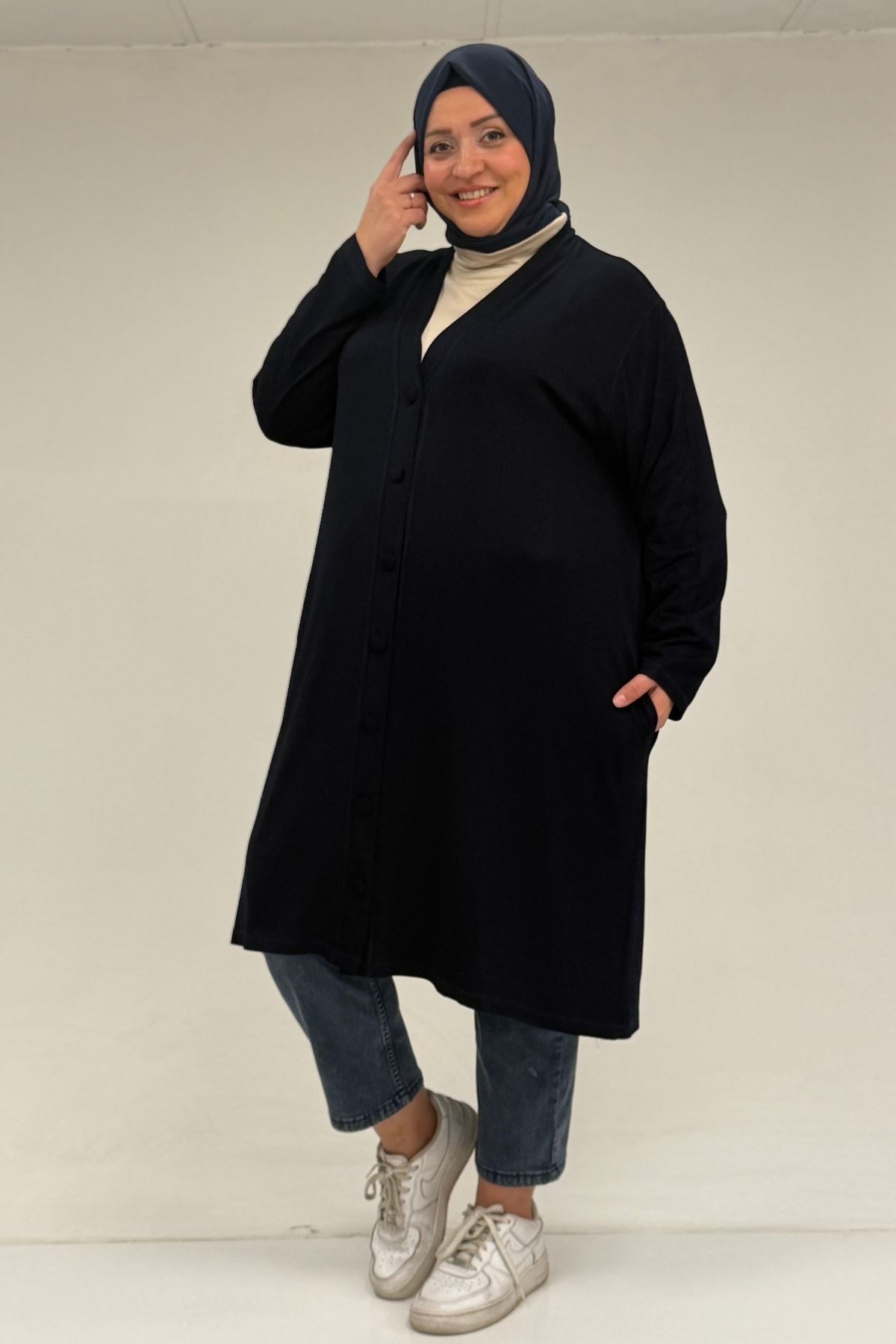 63005 Büyük Beden Kaplama Düğme Detaylı Penye Ceket - Lacivert