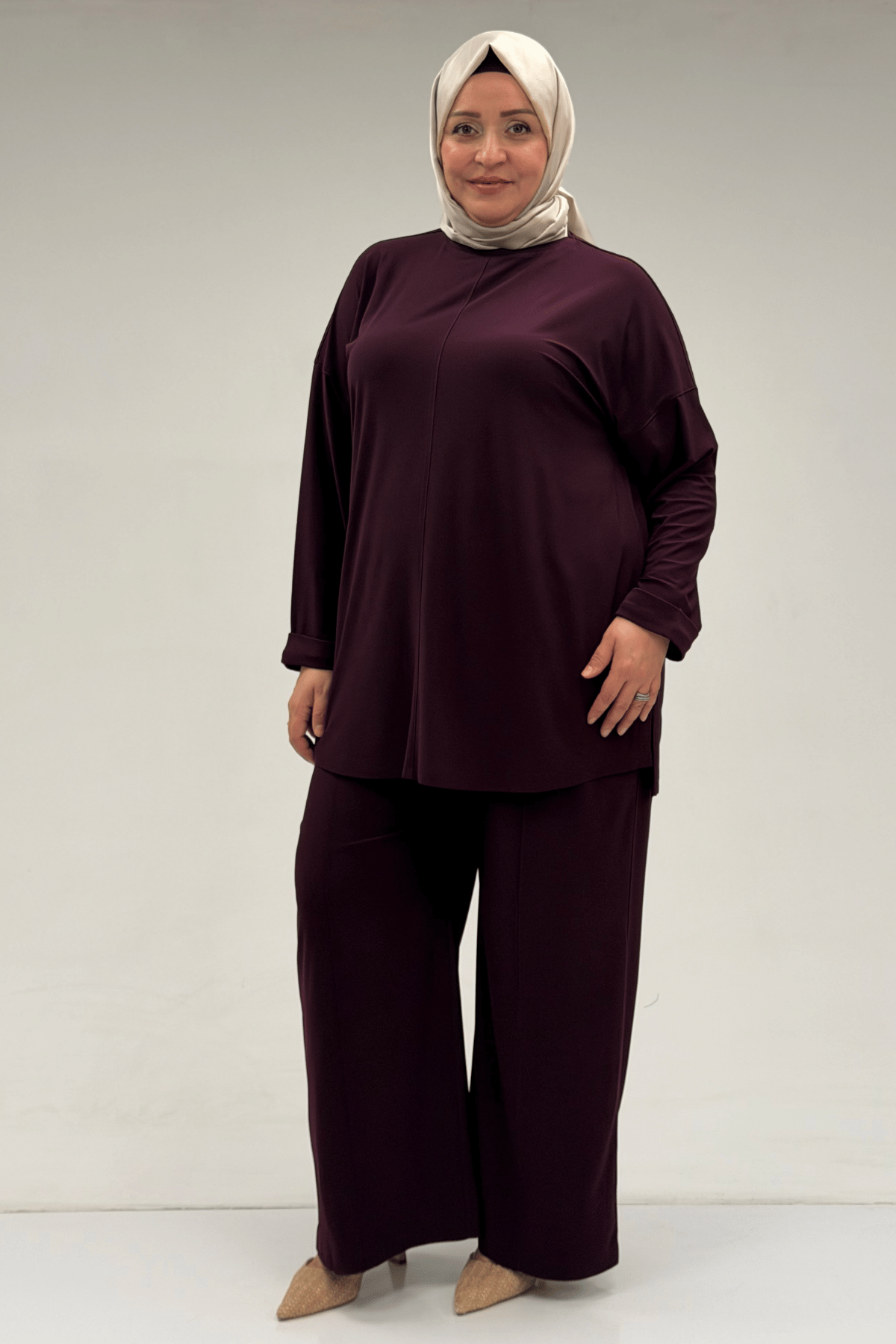 67001 Büyük Beden Kol Manşeti Duble Model Sandy Pantolonlu Takım - Mürdüm