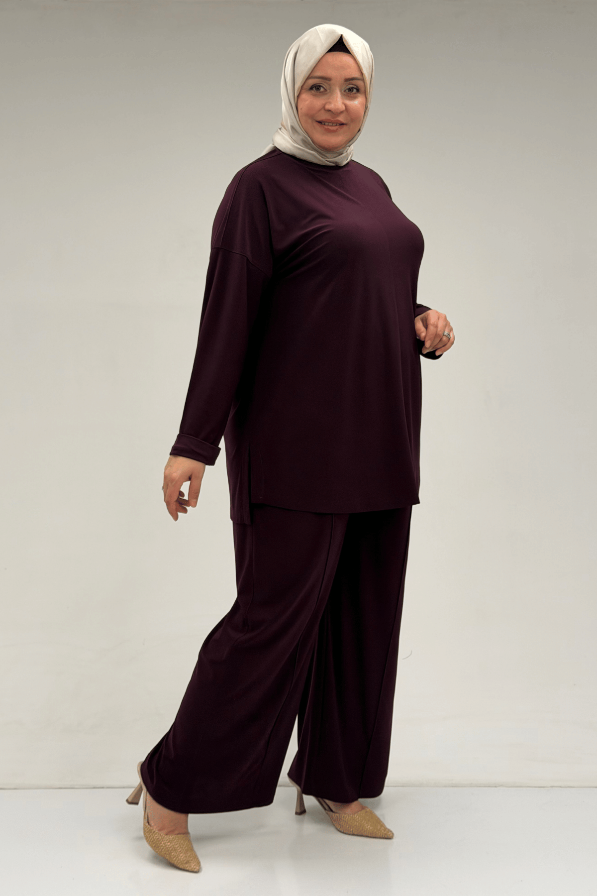 67001 Büyük Beden Kol Manşeti Duble Model Sandy Pantolonlu Takım - Mürdüm