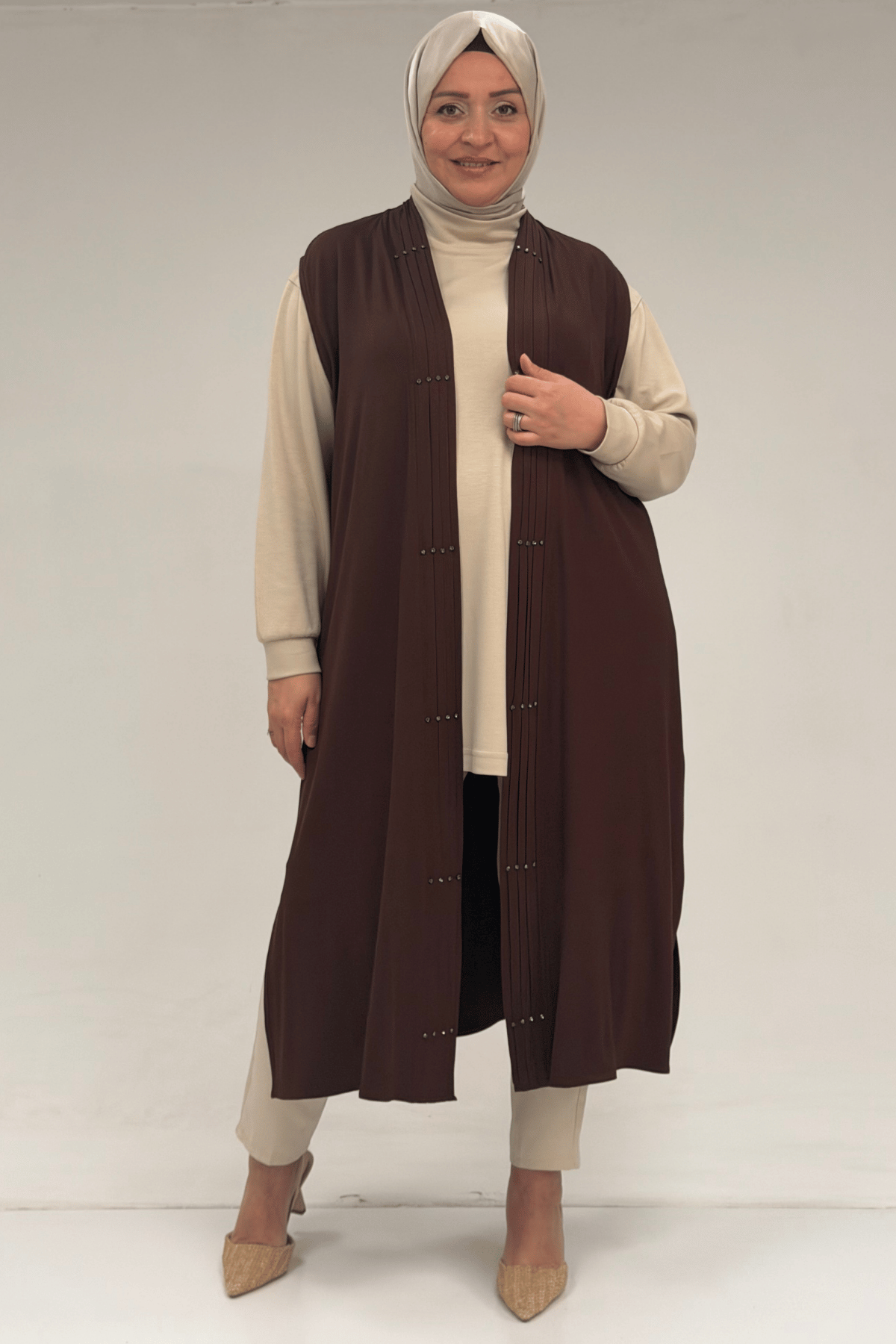 54005 Büyük Beden Patı Pileli Giy Çık Yelek - Kahve