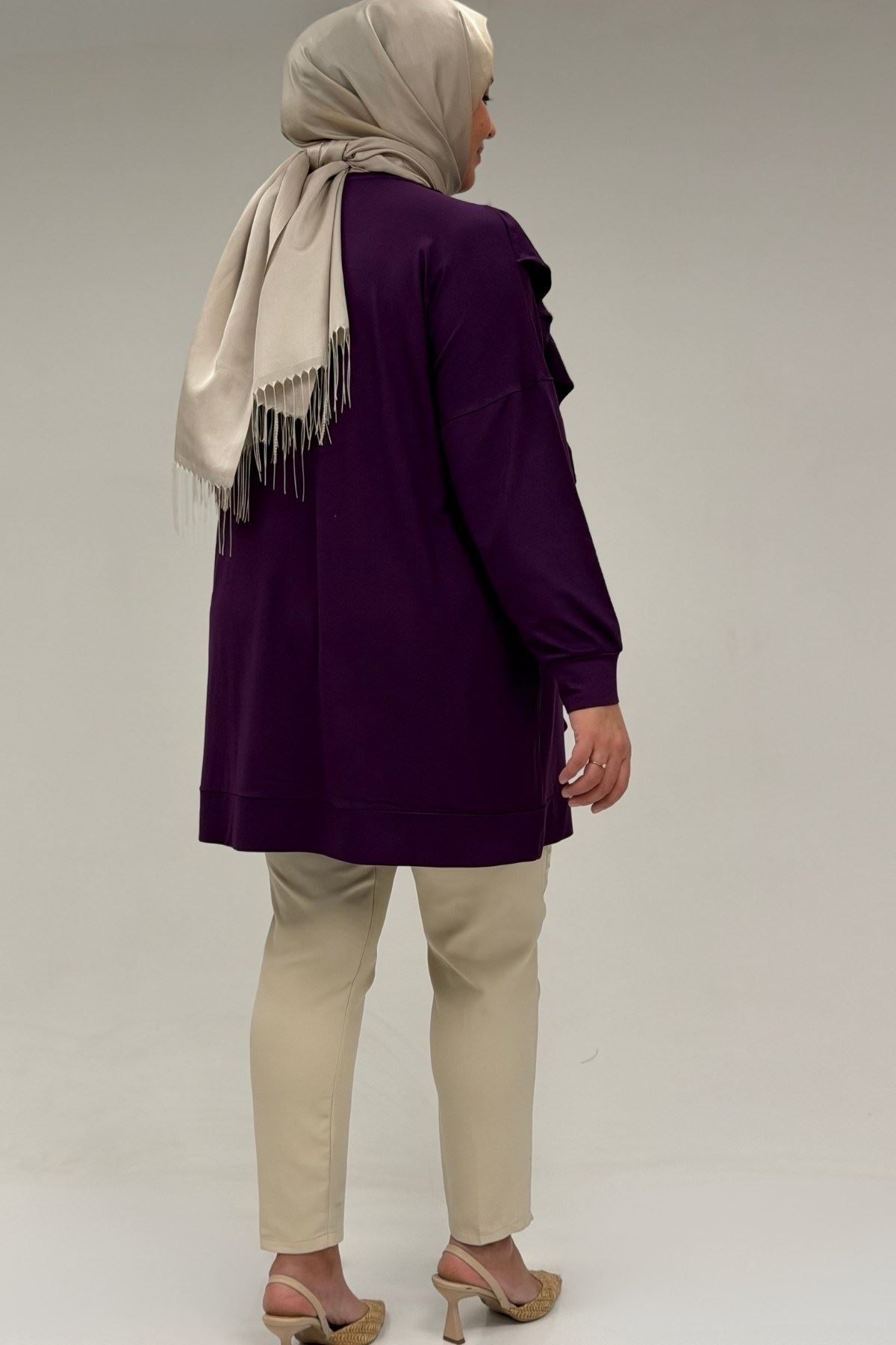 58074 Büyük Beden Fırfır Ve Taş Detaylı Penye Tunik - Mürdüm