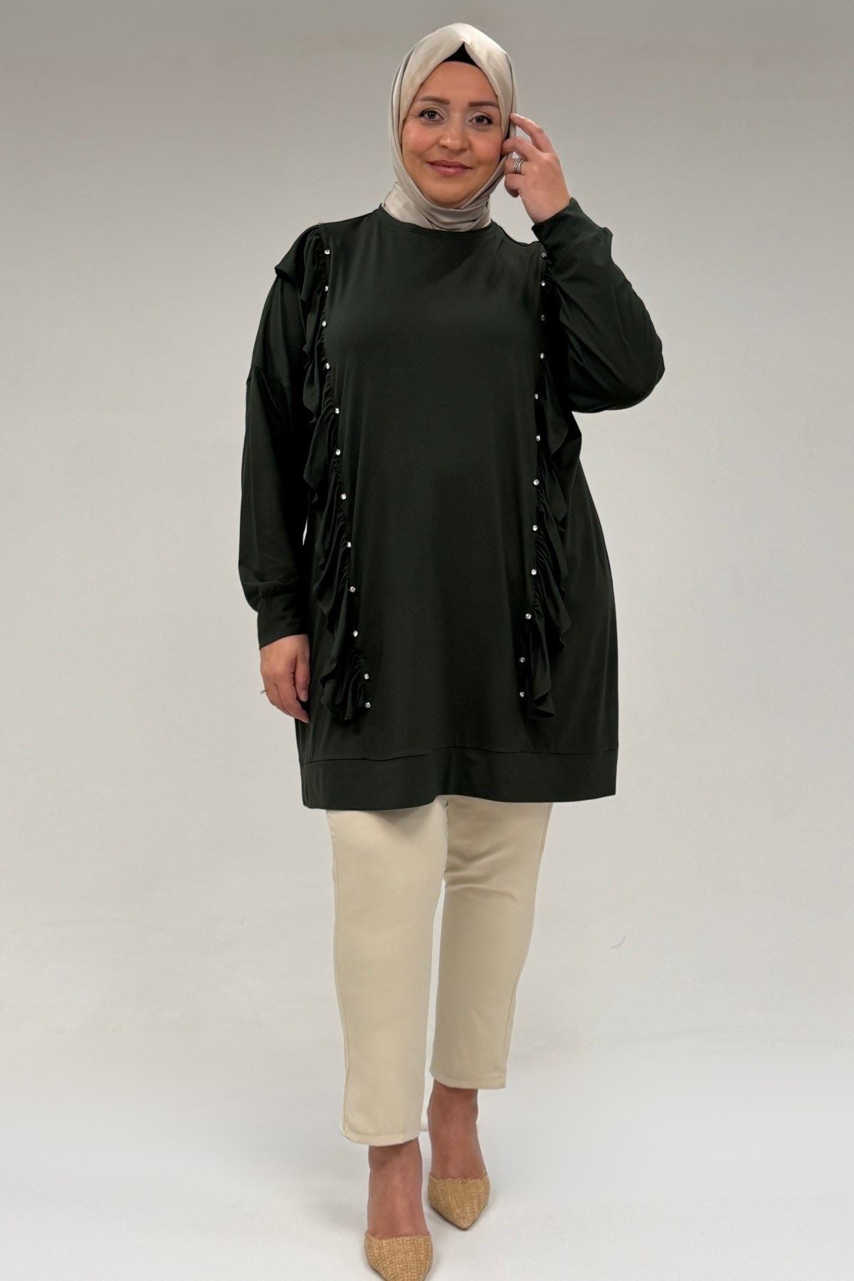 58074 Büyük Beden Fırfır Ve Taş Detaylı Penye Tunik - Haki