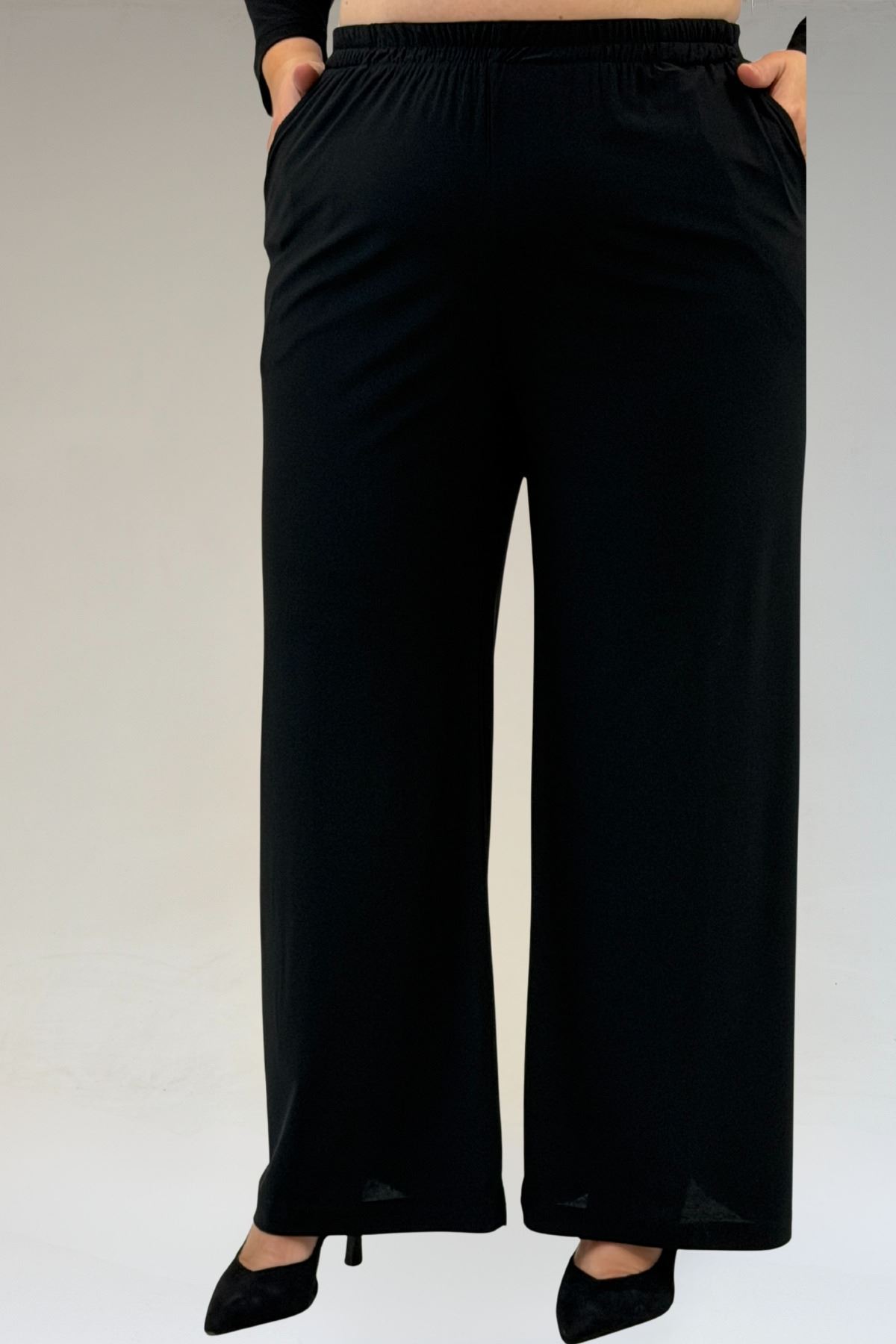 67302 Büyük Beden Üçlü Sandy - Şifon Pantolonlu Takım - Siyah