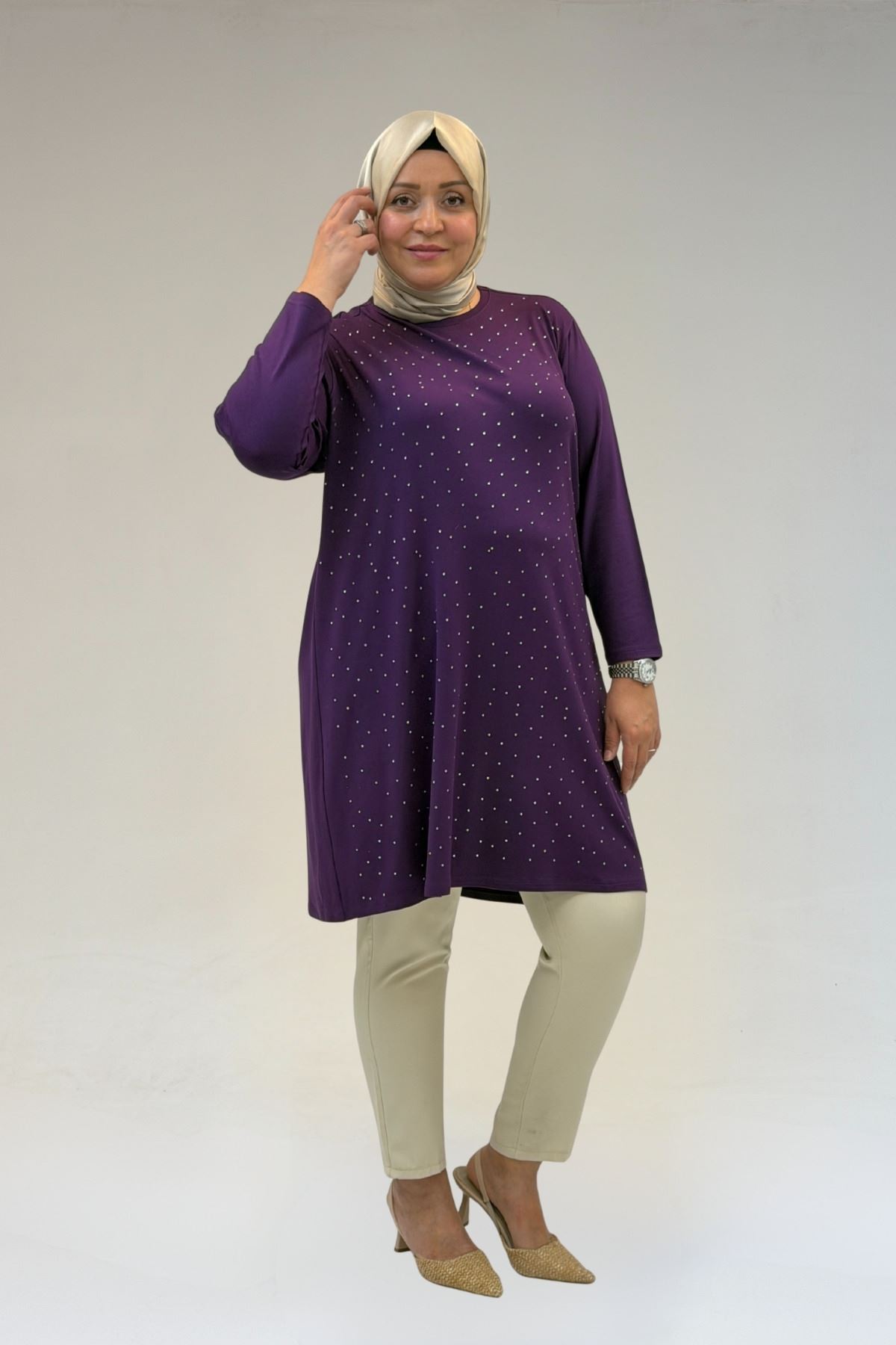 68001 Büyük Beden Önü Taş Baskı Detaylı Penye Tunik - Mürdüm