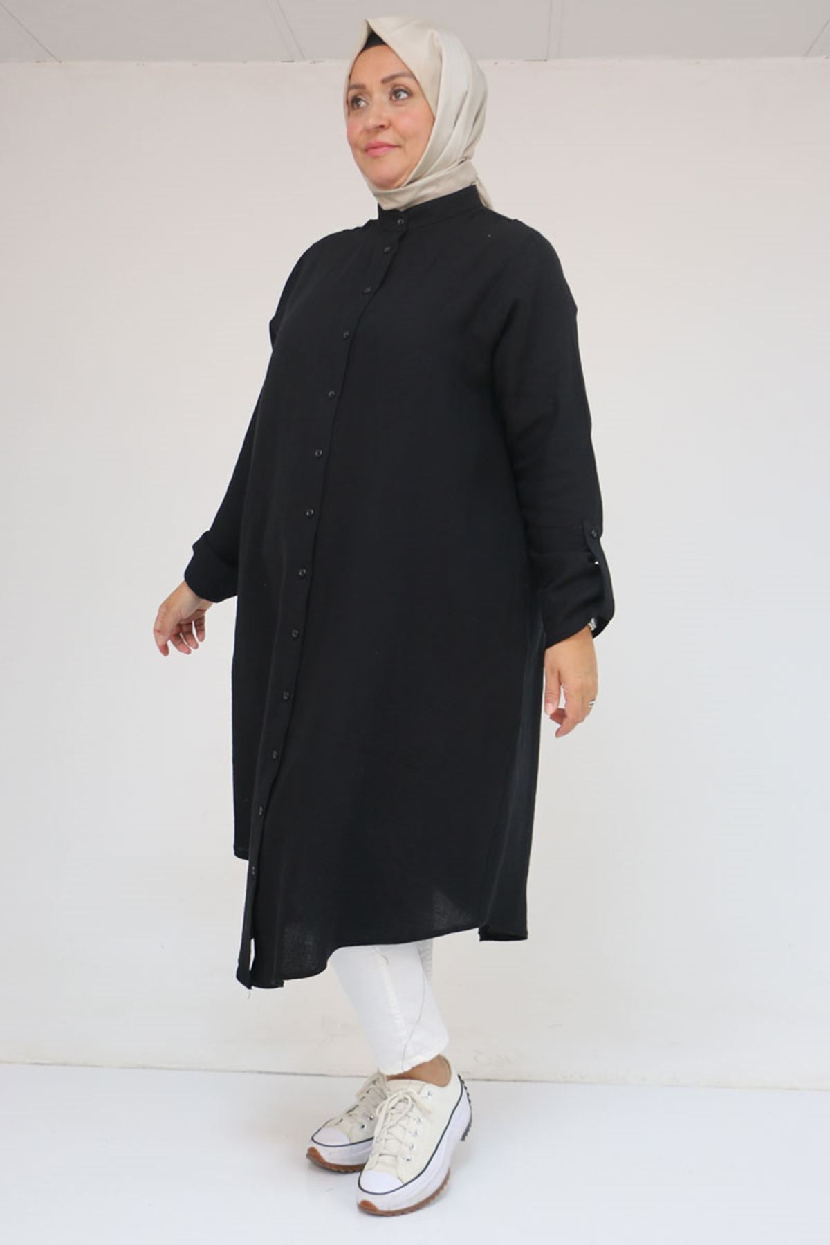 58092 Büyük Beden  Çift Düğme Detaylı Müslin Gömlek - Siyah