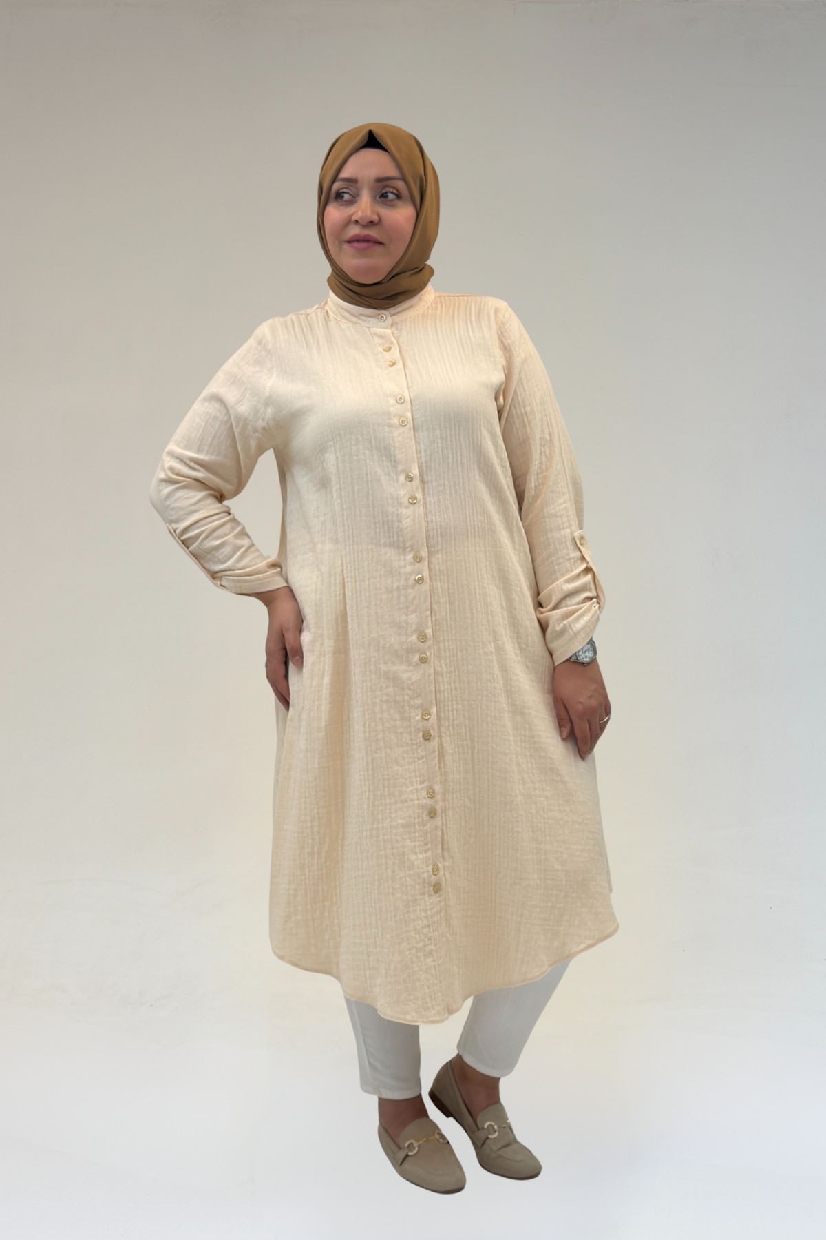 58092 Büyük Beden Çift Düğme Detaylı Müslin Gömlek - Krem