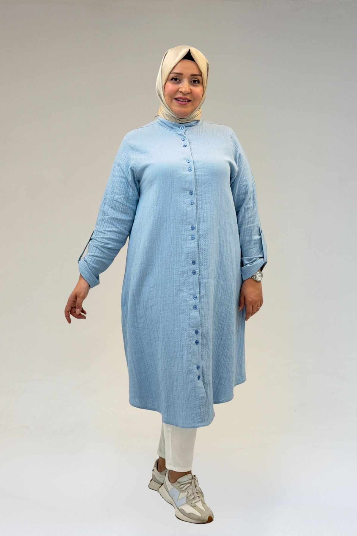 58092 Büyük Beden Çift Düğme Detaylı Müslin Gömlek - Bebe Mavi