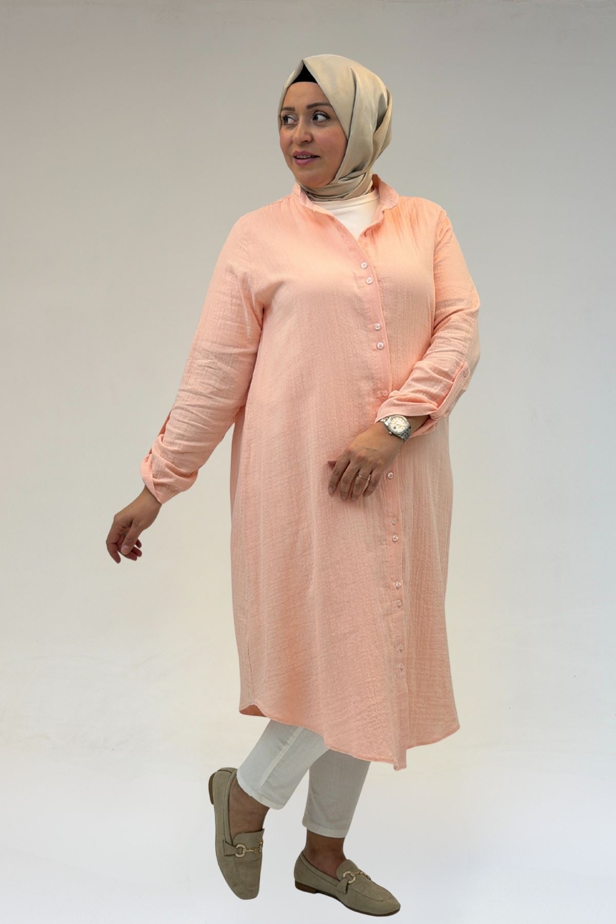 58092 Büyük Beden Çift Düğme Detaylı Müslin Gömlek - Toz Pembe
