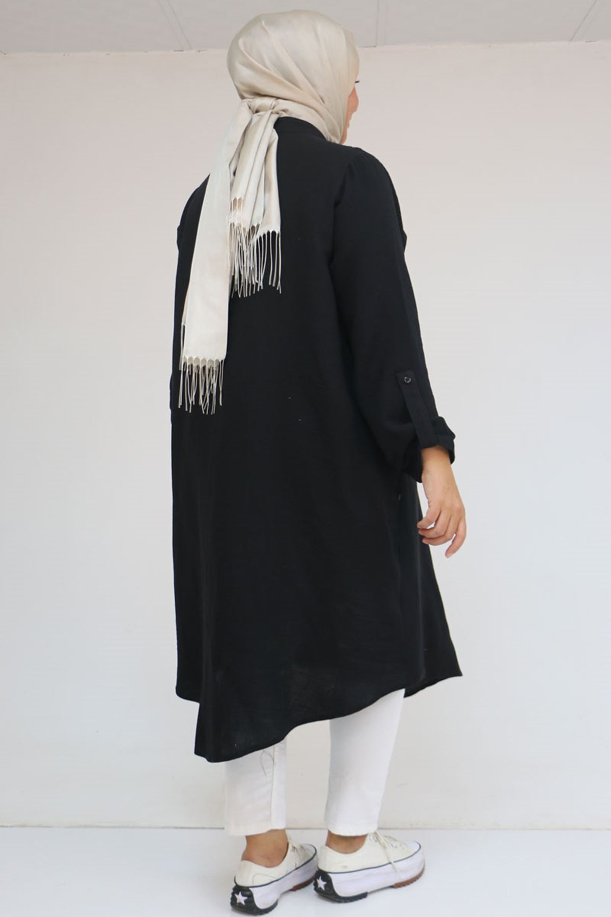 58092 Büyük Beden  Çift Düğme Detaylı Müslin Gömlek - Siyah