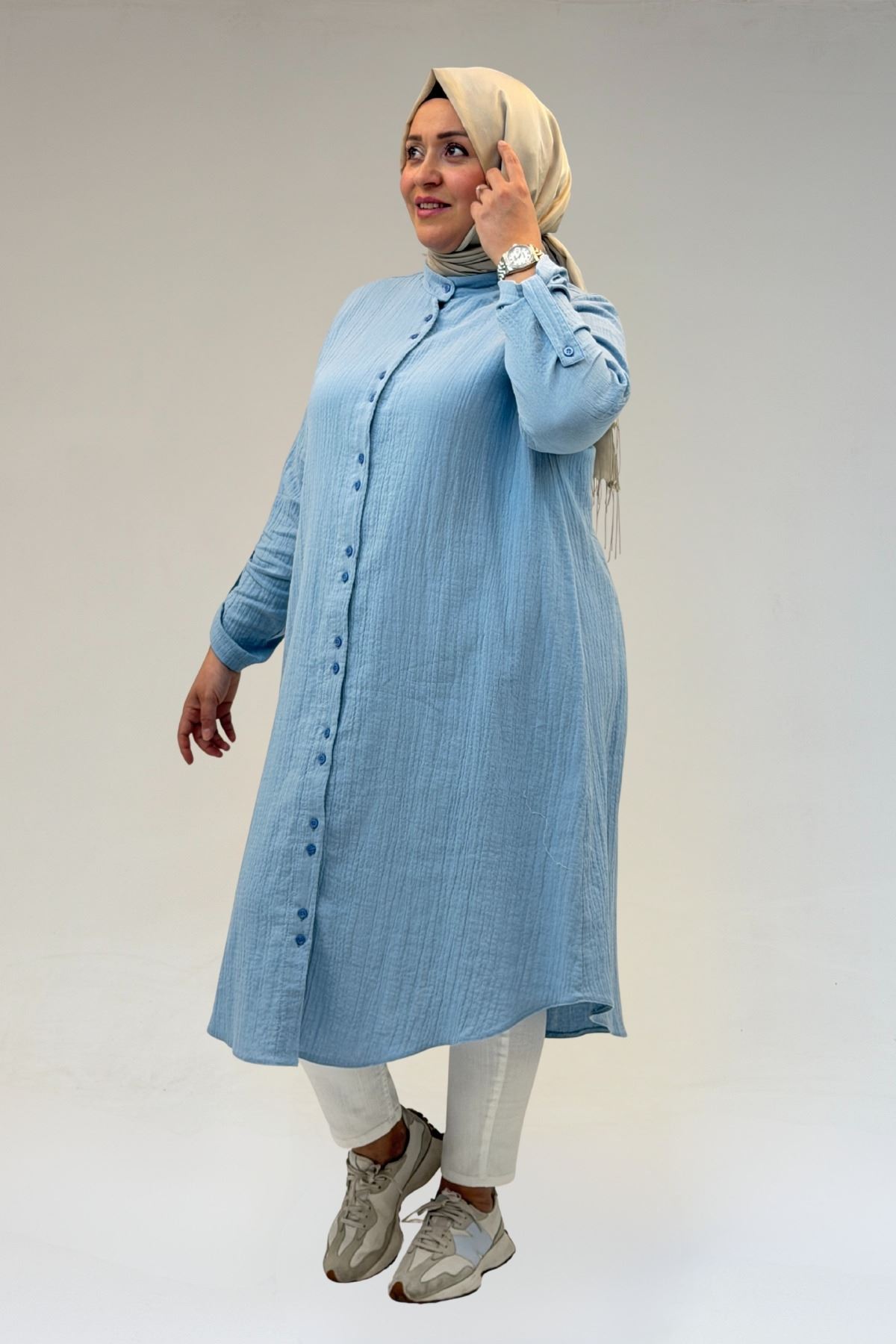 58092 Büyük Beden Çift Düğme Detaylı Müslin Gömlek - Bebe Mavi