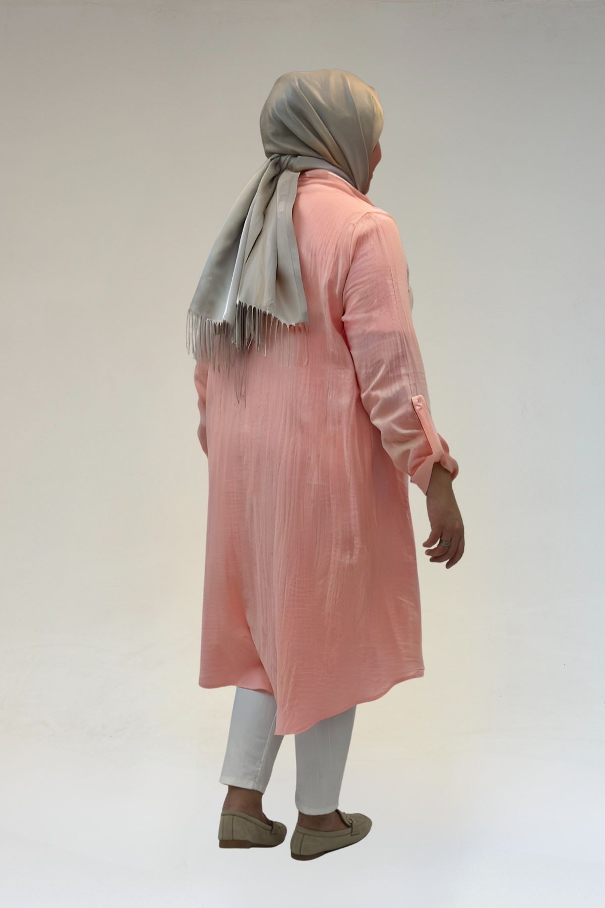 58092 Büyük Beden Çift Düğme Detaylı Müslin Gömlek - Toz Pembe