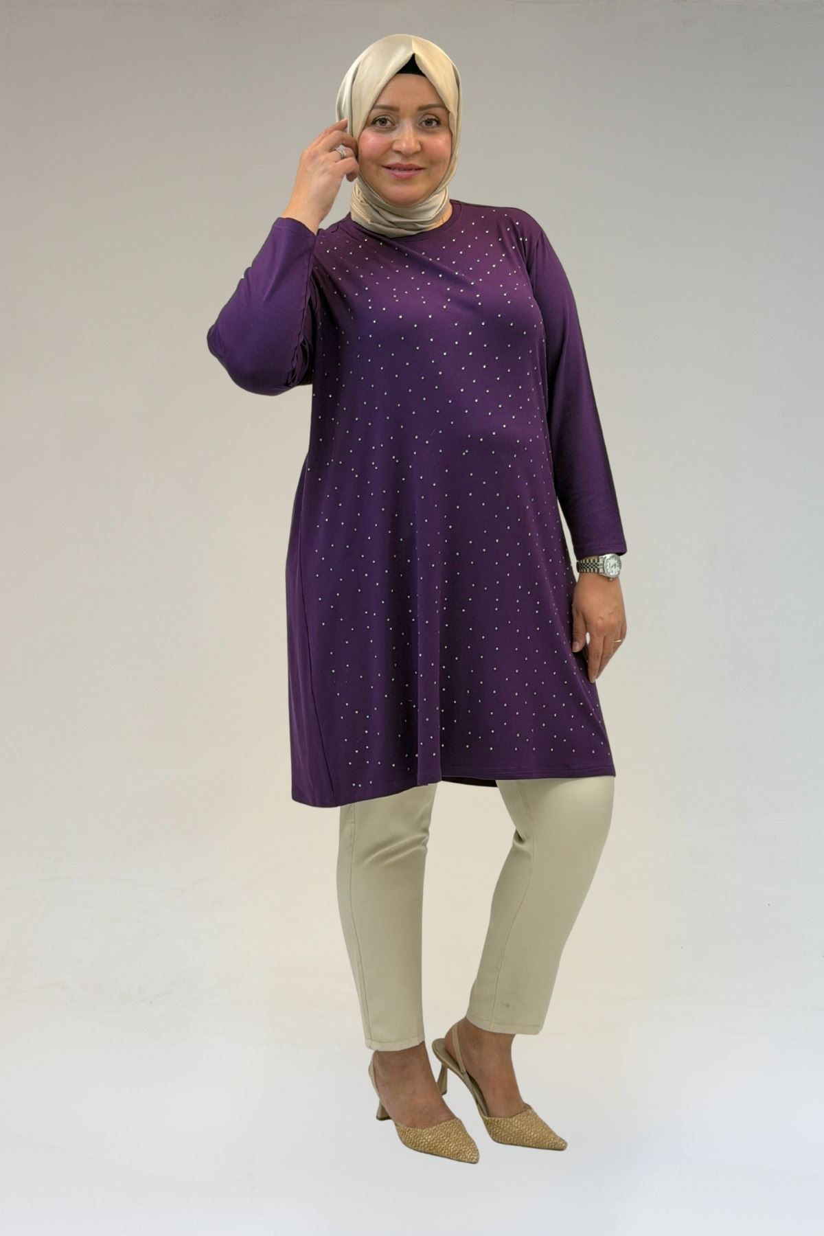 68001 Büyük Beden Önü Taş Baskı Detaylı Penye Tunik - Mürdüm