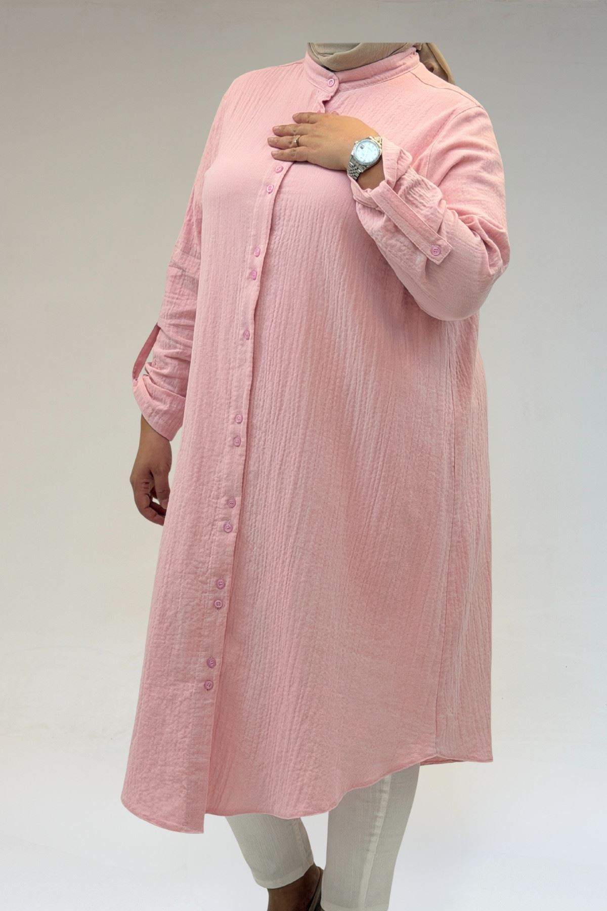 58092 Büyük Beden Çift Düğme Detaylı Müslin Gömlek - Şeker Pembesi