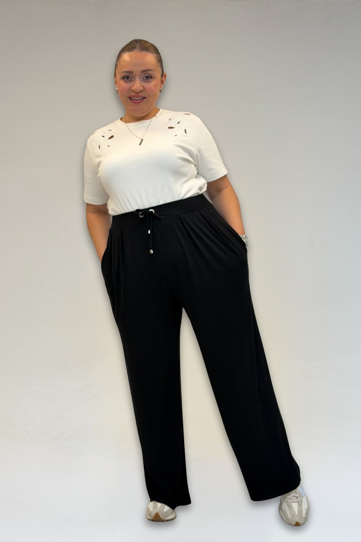 59002 Büyük Beden Pile Detaylı Penye Pantolon - Siyah