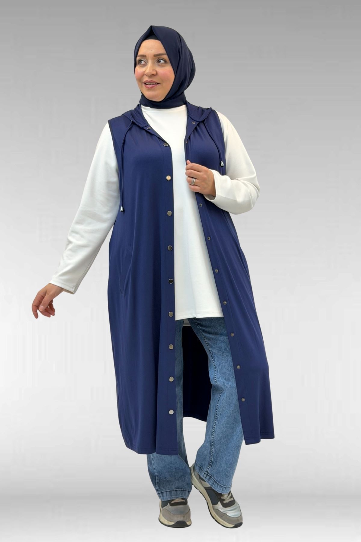 34001 Büyük Beden Çıtçıtlı Kapüşonlu Penye Yelek - İndigo