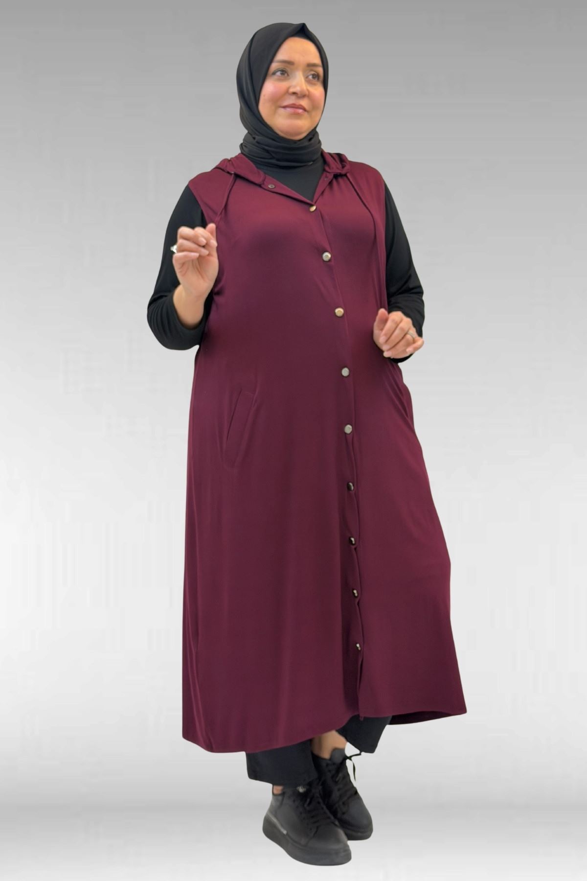 34001 Büyük Beden Çıtçıtlı Kapüşonlu Penye Yelek - Bordo