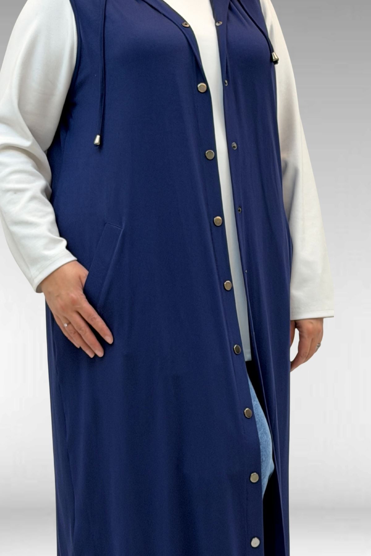 34001 Büyük Beden Çıtçıtlı Kapüşonlu Penye Yelek - İndigo