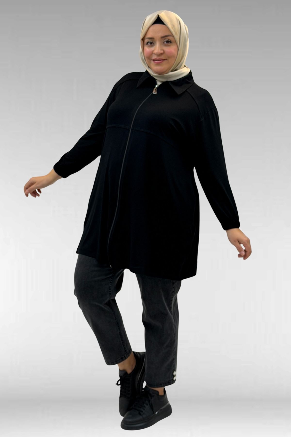 63002 Büyük Beden Fermuarlı - Kapüşonlu Penye Ceket - Siyah