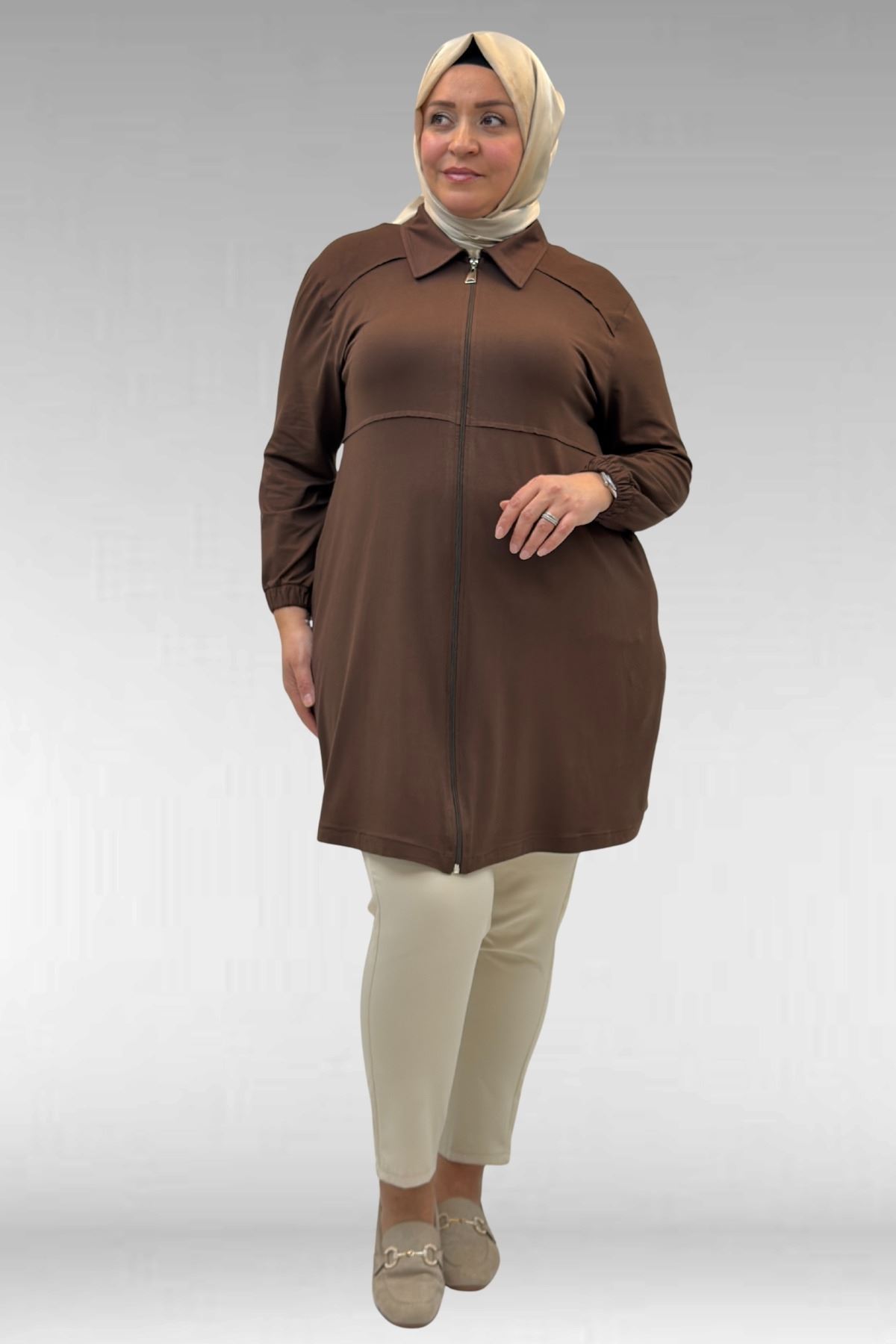 63002 Büyük Beden Fermuarlı - Kapüşonlu Penye Ceket - Kahve