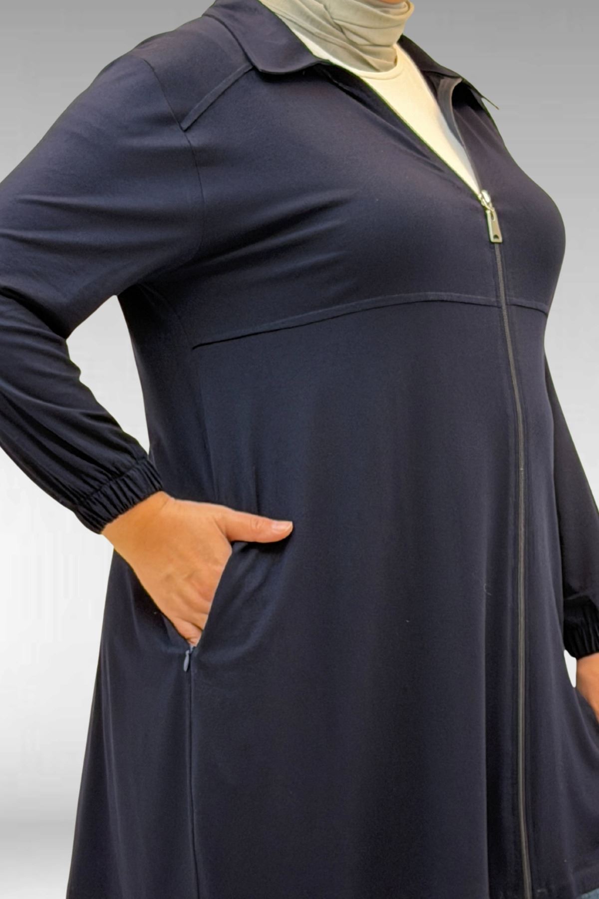 63002 Büyük Beden Fermuarlı - Kapüşonlu Penye Ceket - Lacivert