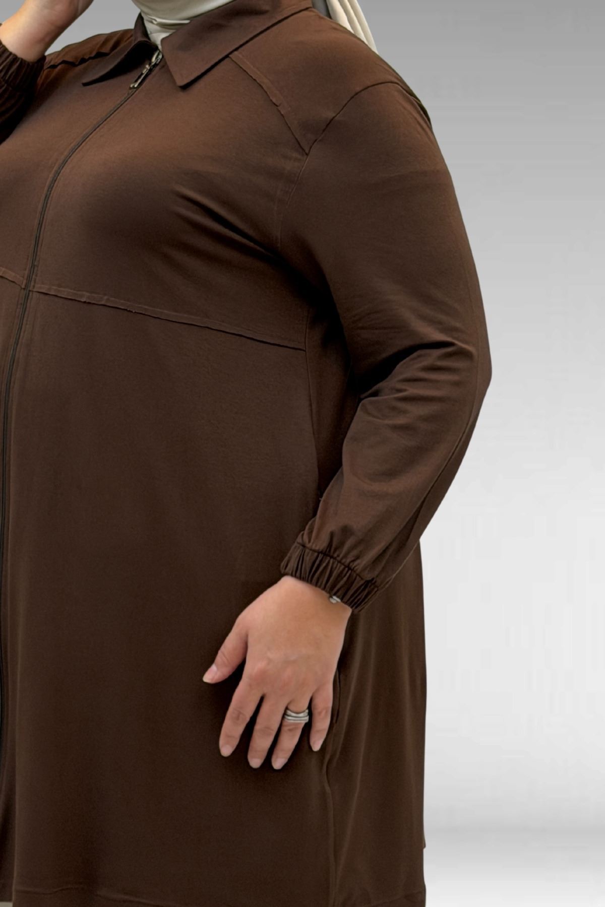 63002 Büyük Beden Fermuarlı - Kapüşonlu Penye Ceket - Kahve