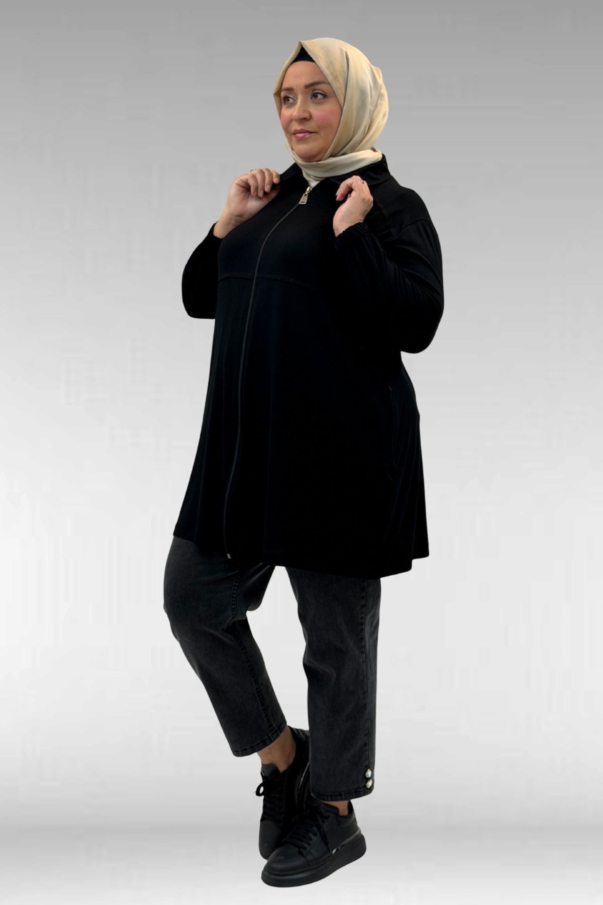 63002 Büyük Beden Fermuarlı - Kapüşonlu Penye Ceket - Siyah