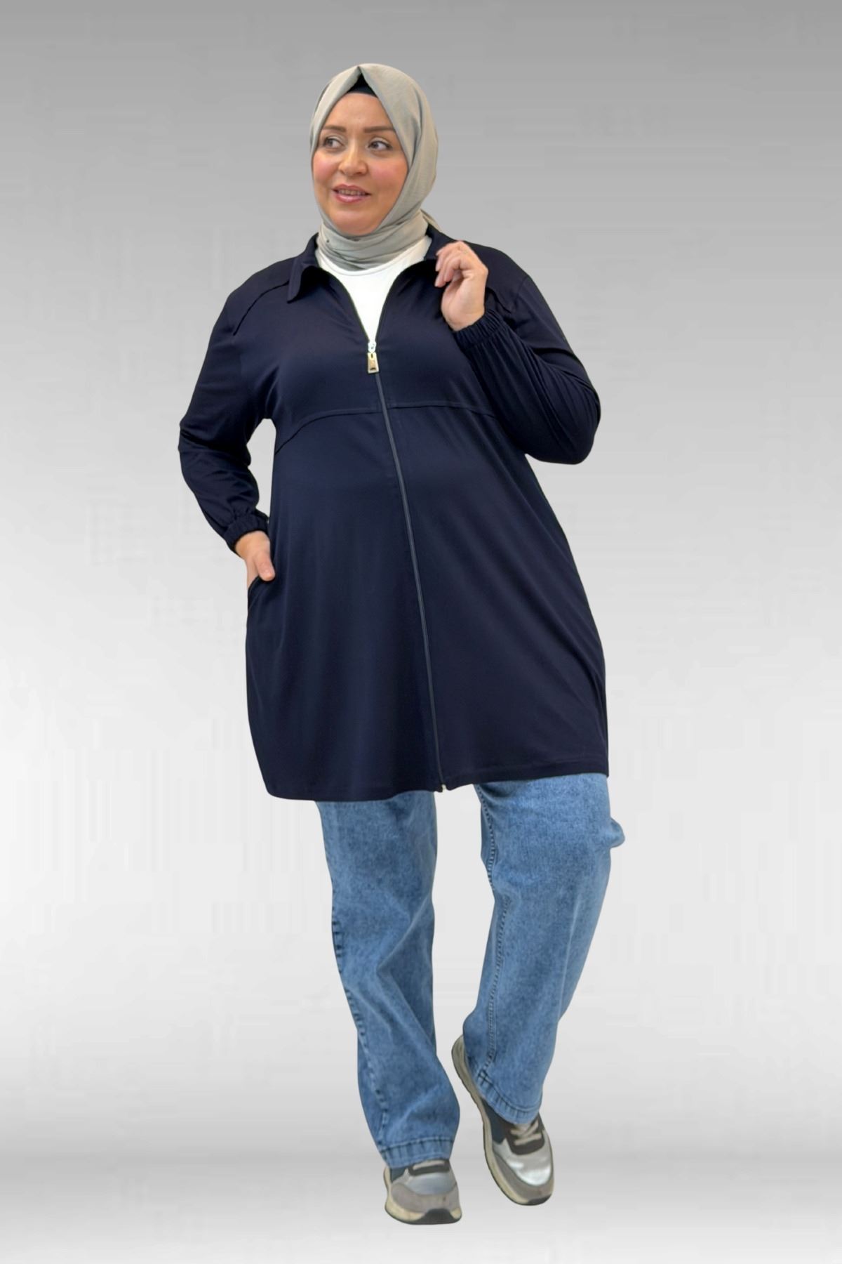 63002 Büyük Beden Fermuarlı - Kapüşonlu Penye Ceket - Lacivert
