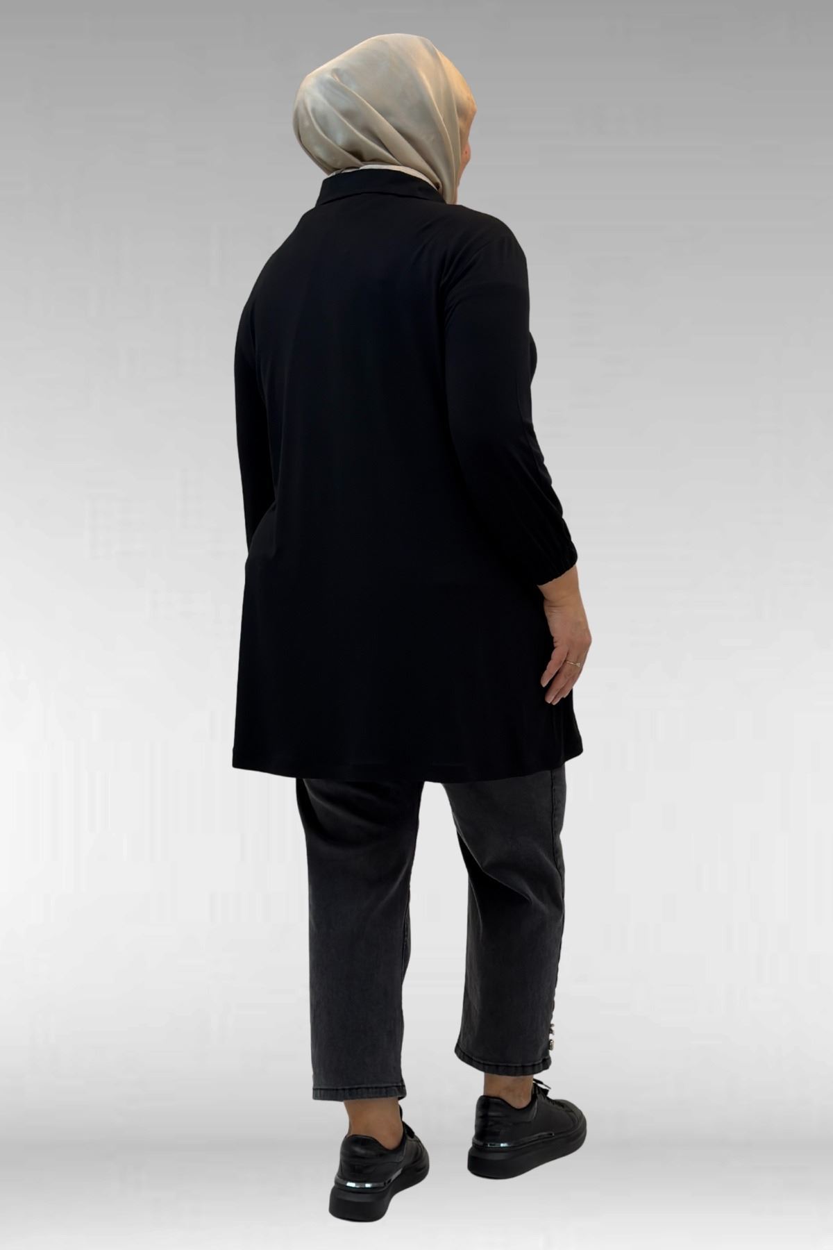 63002 Büyük Beden Fermuarlı - Kapüşonlu Penye Ceket - Siyah