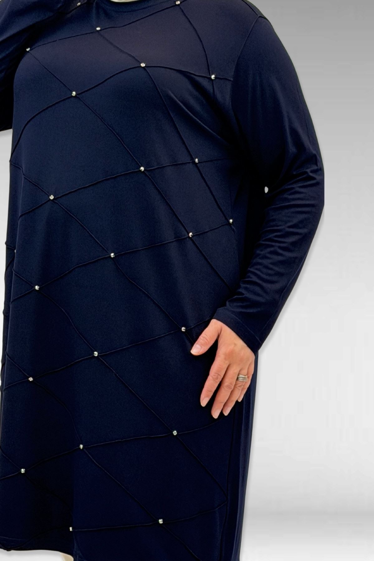 68004 Büyük Beden Çıma Detaylı Penye Tunik - Lacivert