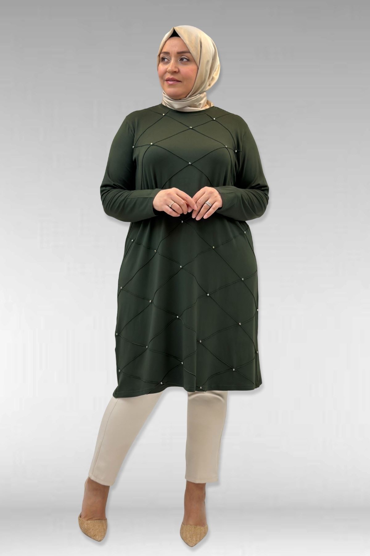 68004 Büyük Beden Çıma Detaylı Penye Tunik - Haki