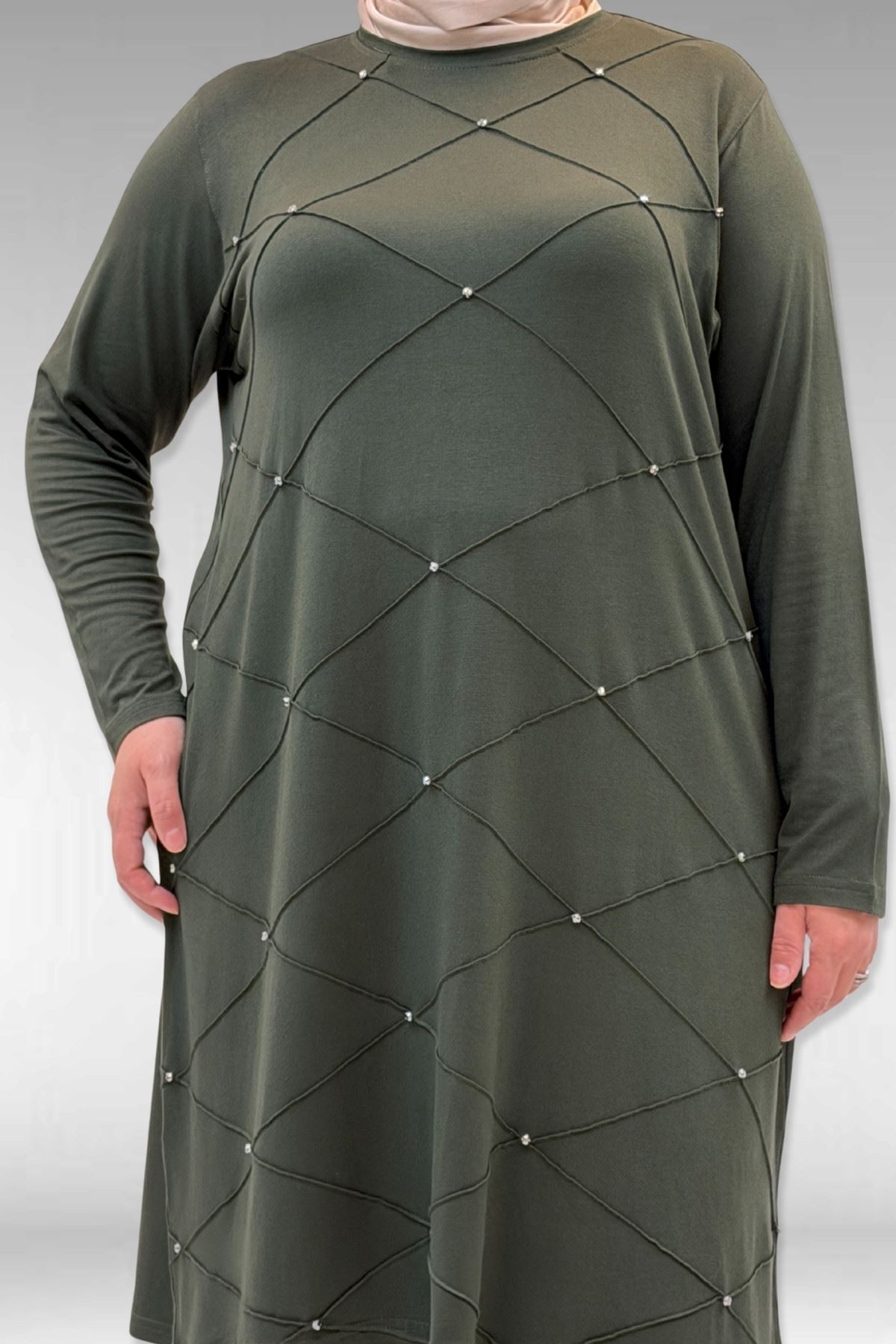 68004 Büyük Beden Çıma Detaylı Penye Tunik - Haki