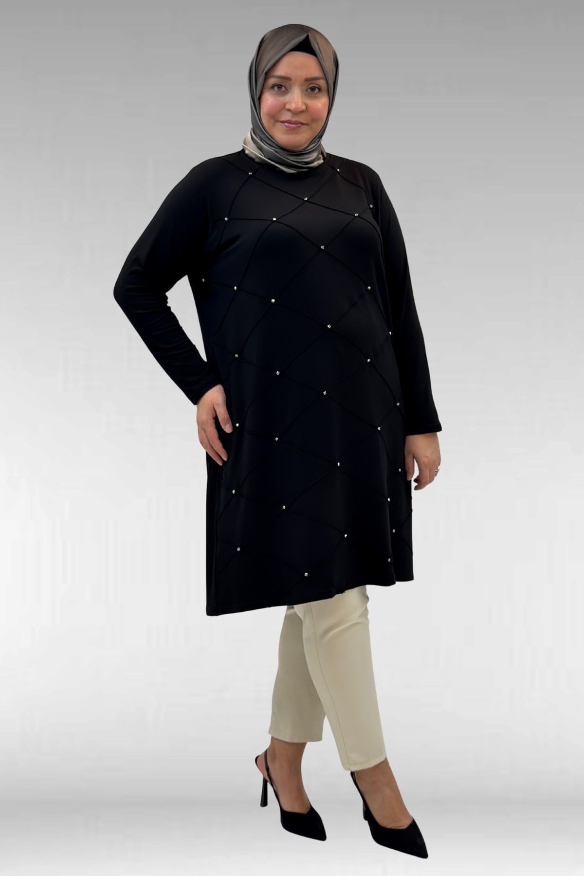 68004 Büyük Beden Çıma Detaylı Penye Tunik - Siyah