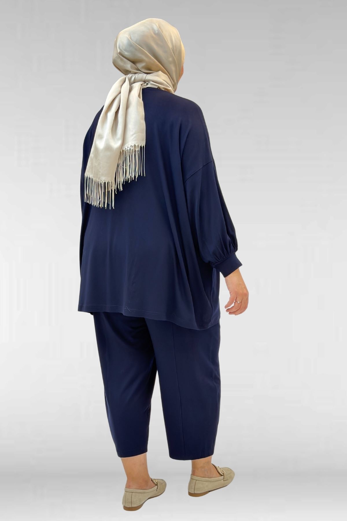 67037 Büyük Beden Düşük Kol Penye Pantolonlu Takım - Lacivert