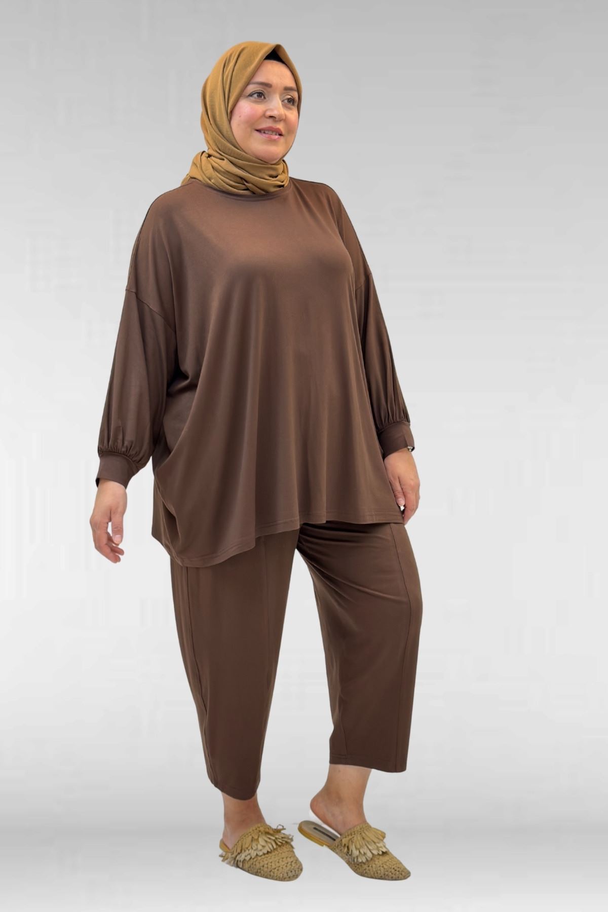 67037 Büyük Beden Düşük Kol Penye Pantolonlu Takım - Kahve