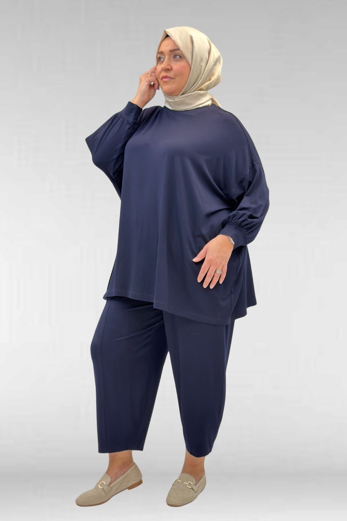 67037 Büyük Beden Düşük Kol Penye Pantolonlu Takım - Lacivert