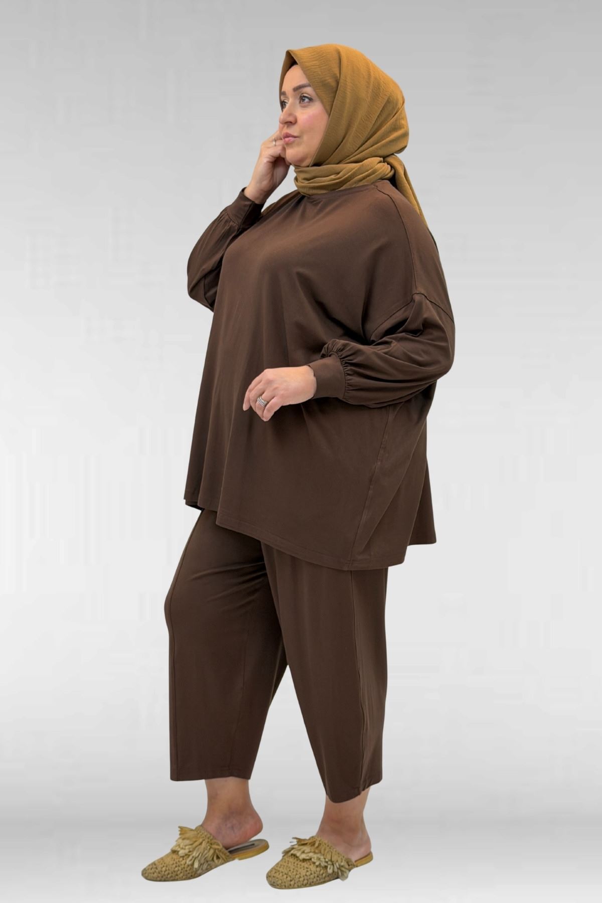 67037 Büyük Beden Düşük Kol Penye Pantolonlu Takım - Kahve