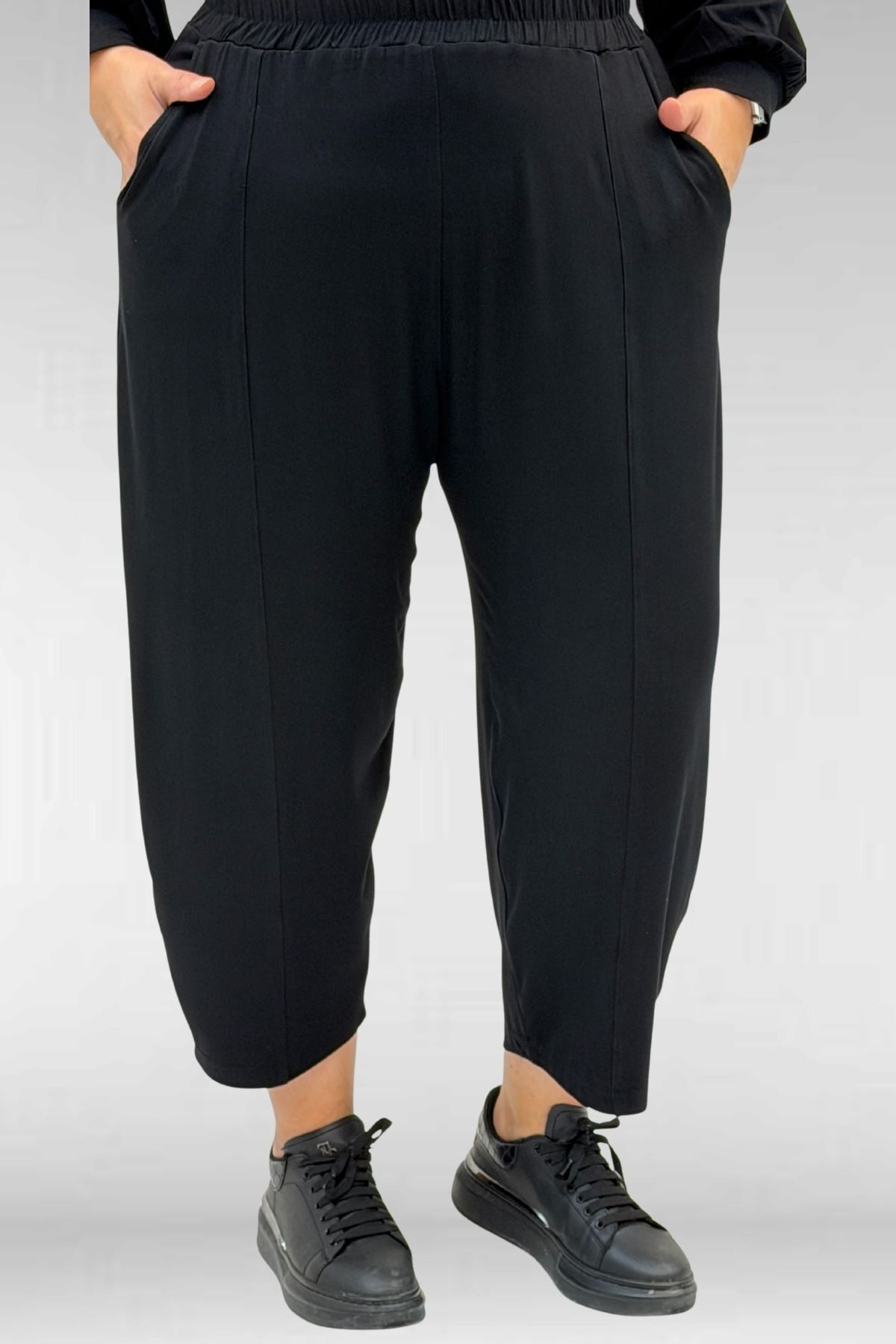 67037 Büyük Beden Düşük Kol Penye Pantolonlu Takım - Siyah