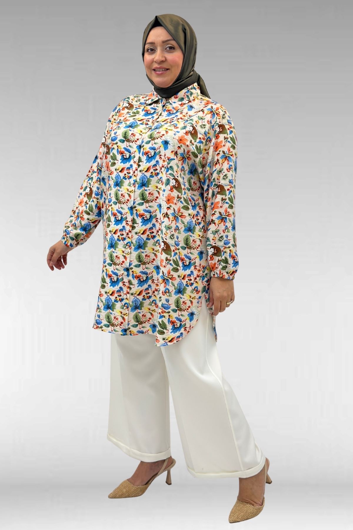 68010 Büyük Beden Yanları Yırtmaçlı Kolları Lastikli Mango Tunik - Desenli Taş