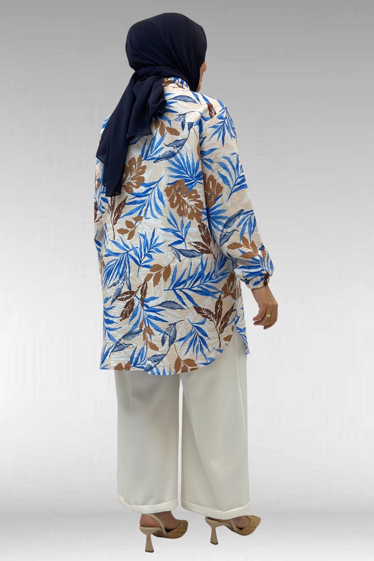 68010 Büyük Beden Yanları Yırtmaçlı Kolları Lastikli Mango Tunik - Desenli Haki