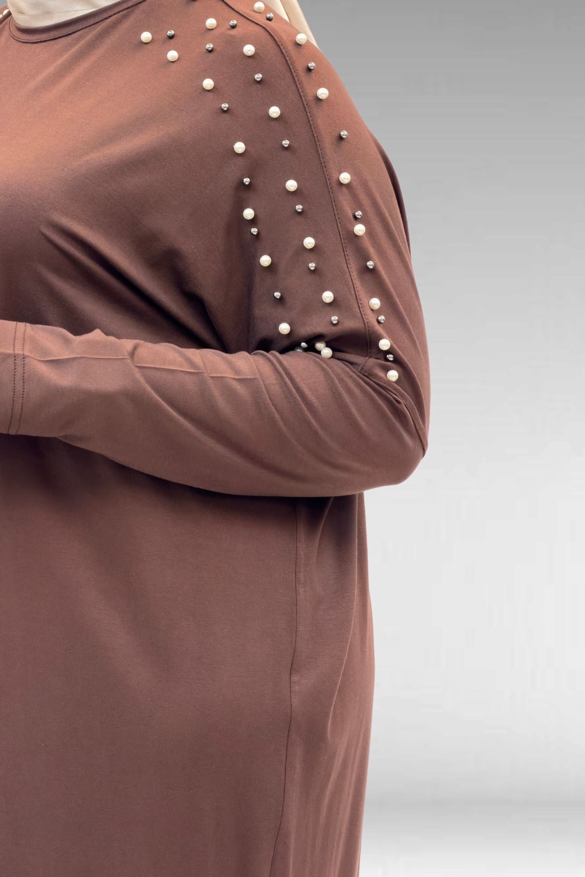 68012 Büyük Beden Omuzları Taş Detaylı Penye Tunik - Kahve