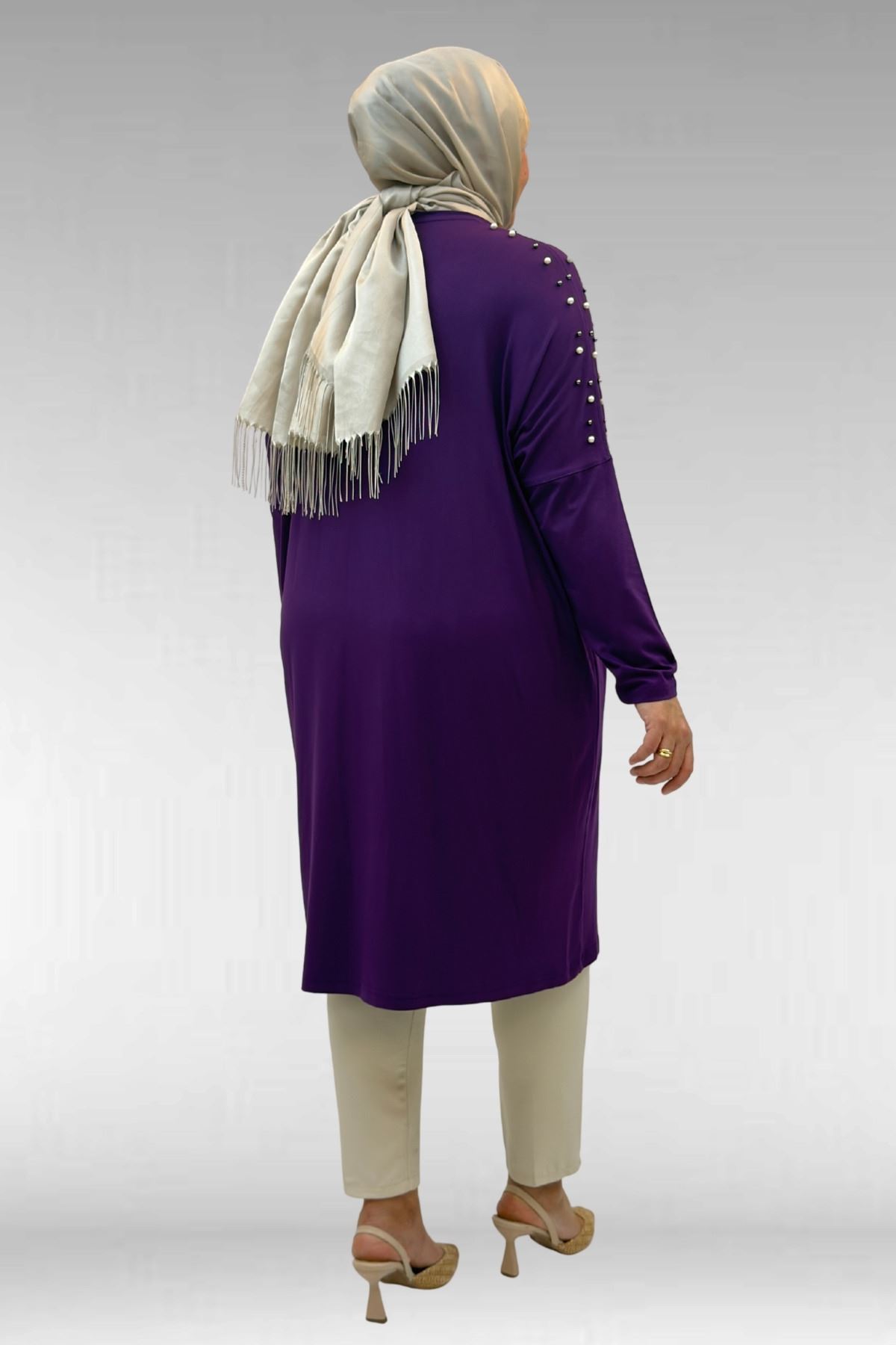 68012 Büyük Beden Omuzları Taş Detaylı Penye Tunik - Mor