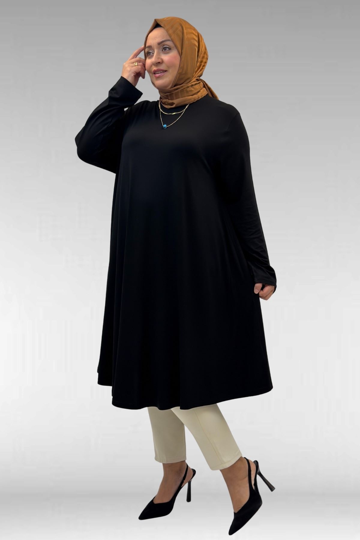 28016 Büyük Beden Mevlana Penye Tunik - Siyah