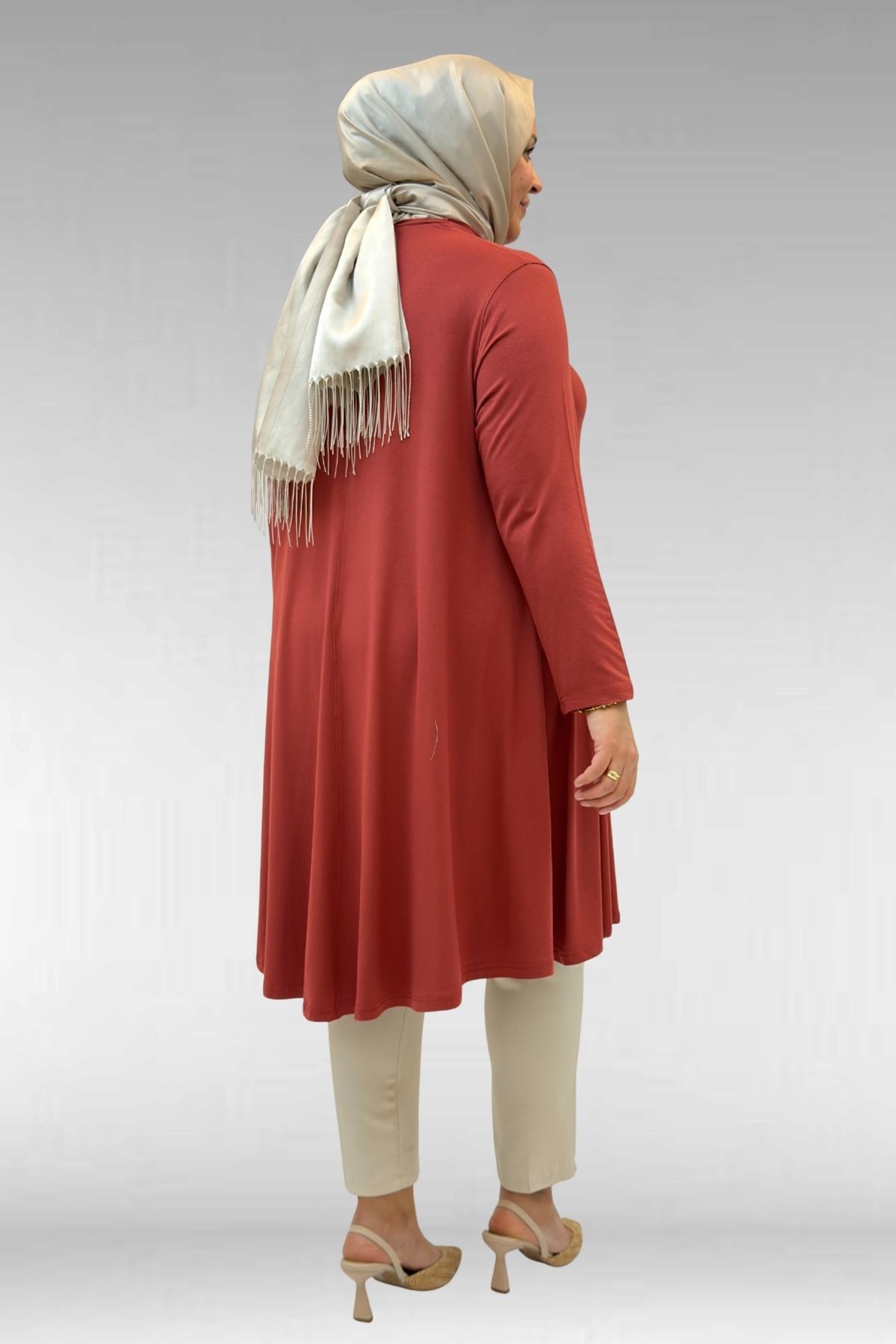 28016 Büyük Beden  Penye Mevlana Tunik - Kiremit