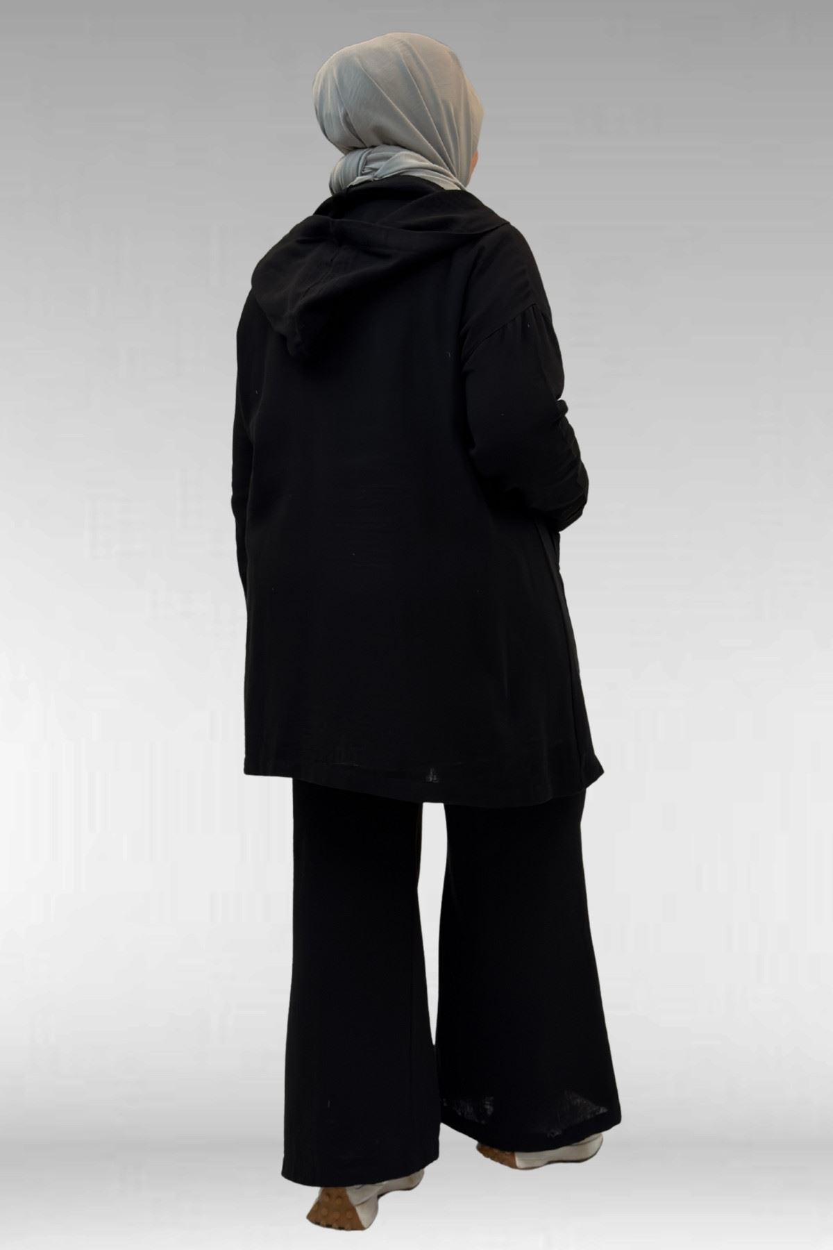 67035 Büyük Beden Kapşonlu Fermuarlı Müslin Pantolonlu Takım - Siyah