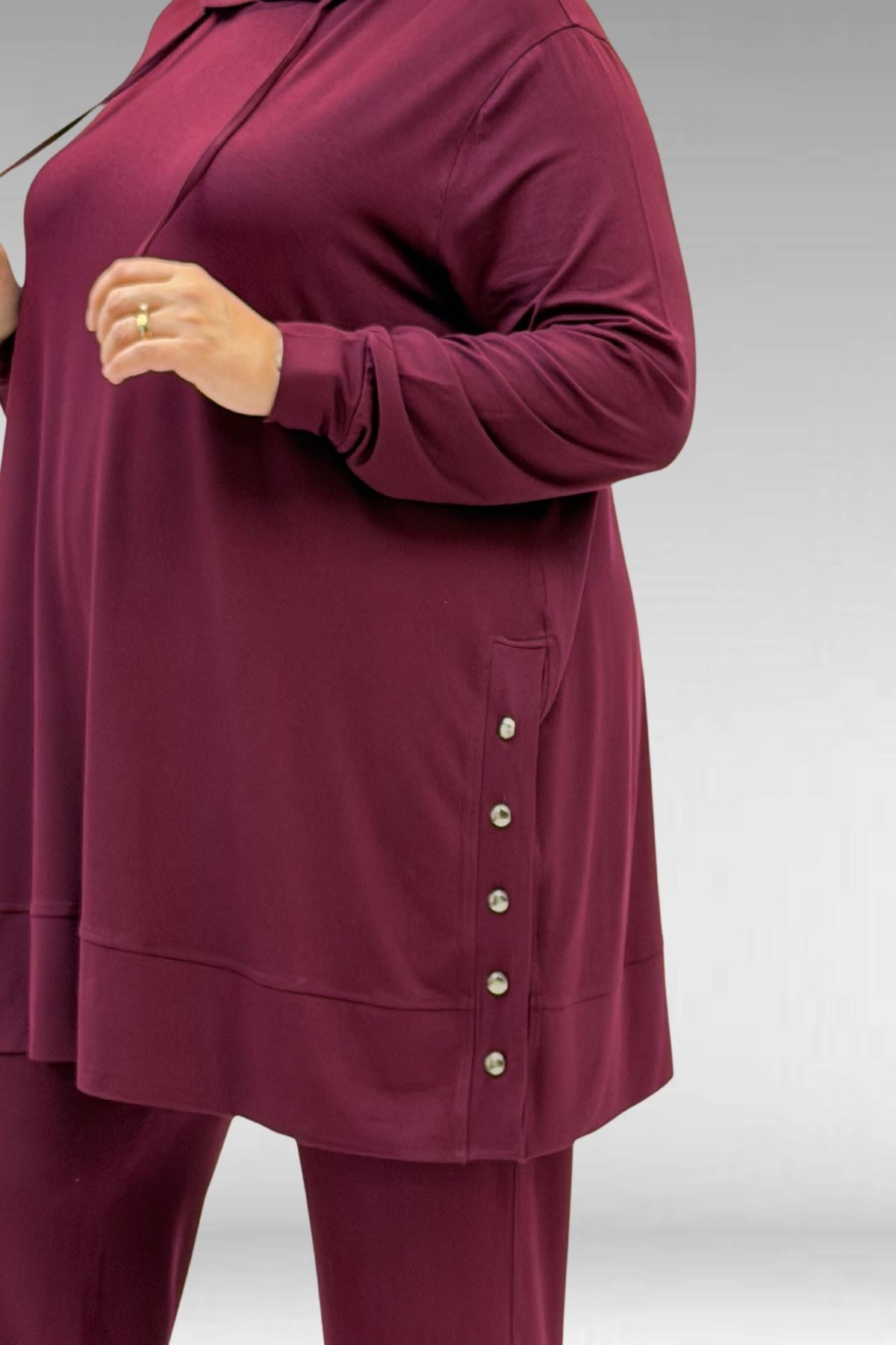 67034 Büyük Beden Yanları Patlı Penye Pantolonlu Takım - Bordo