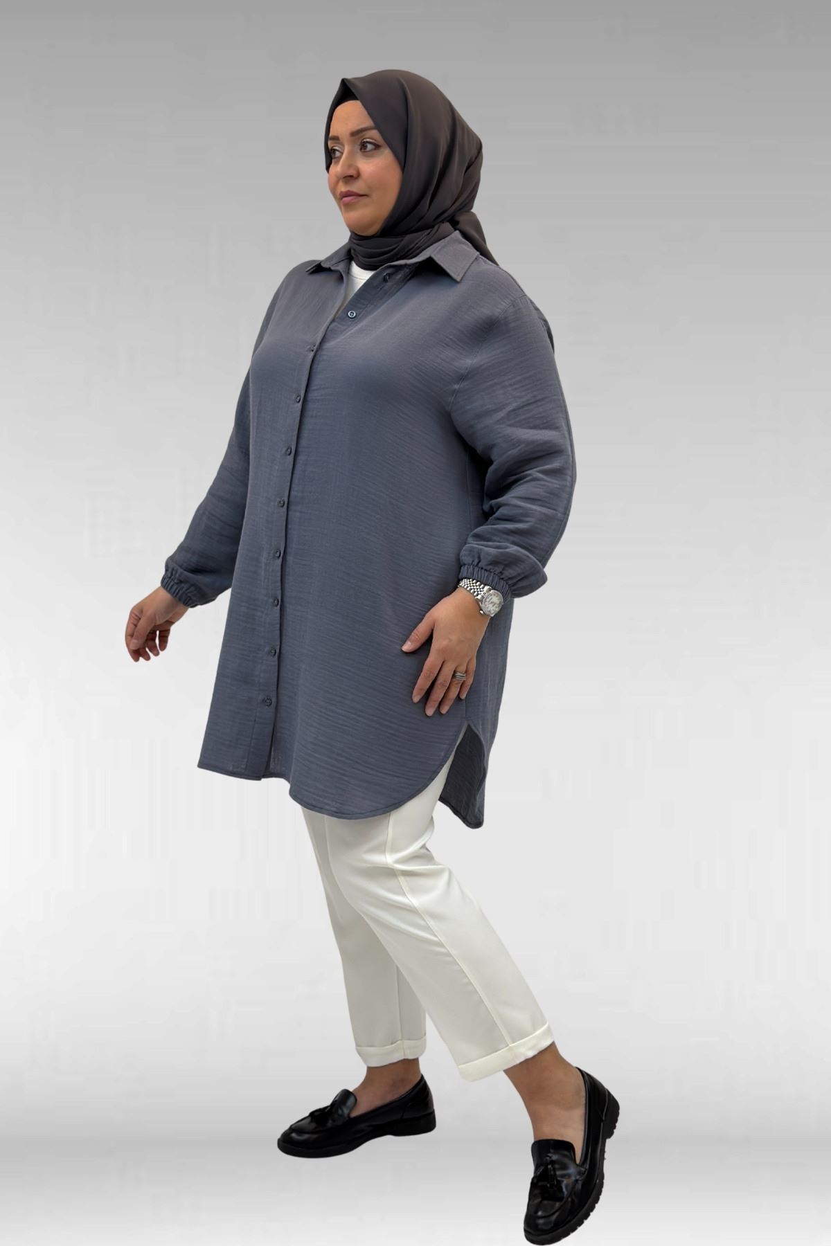 58091 Büyük Beden Kolları Lastikli Müslin Gömlek - Antrasit