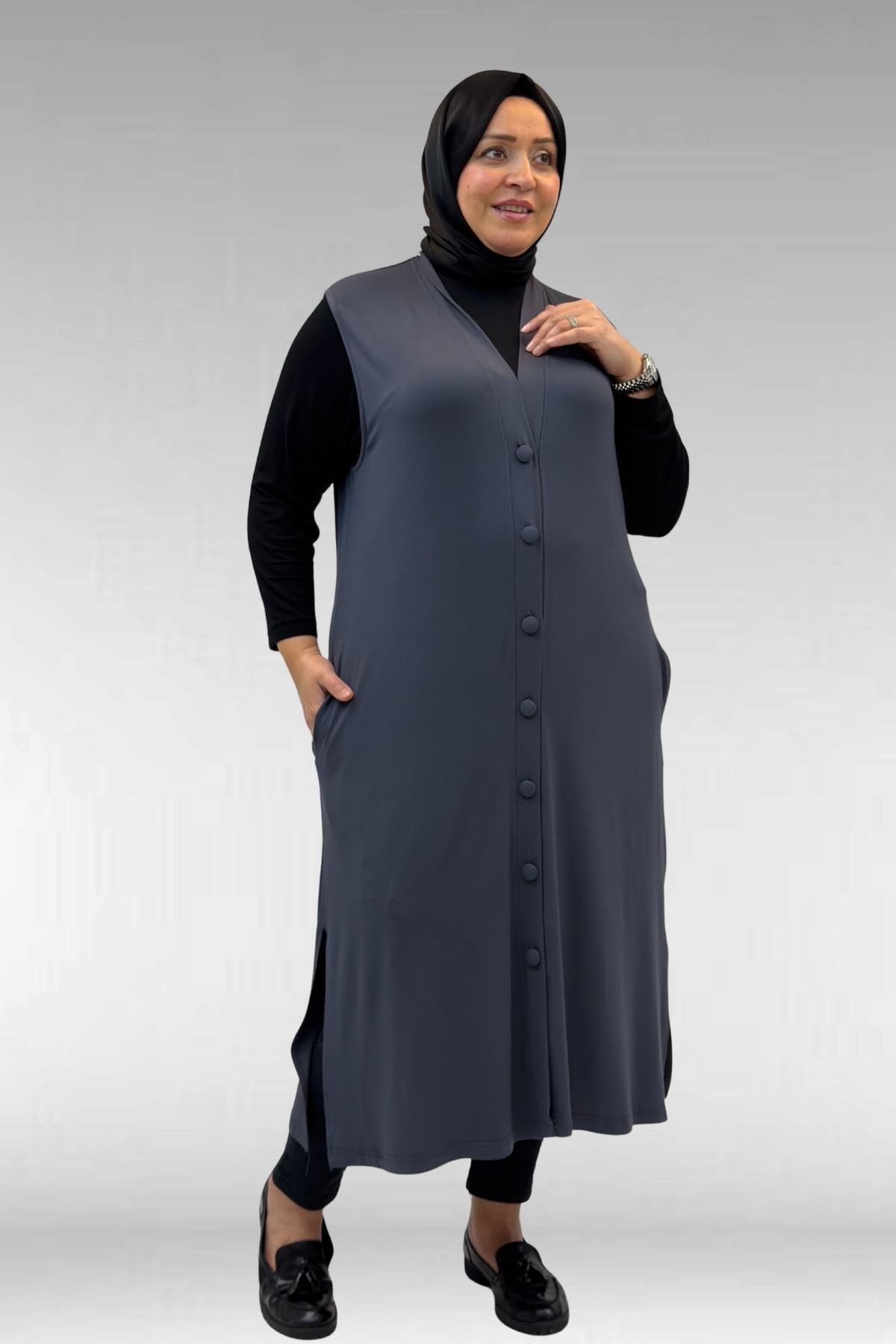 54017 Büyük Beden Kaplama Düğmeli Giy-Çık Penye Yelek - Antrasit