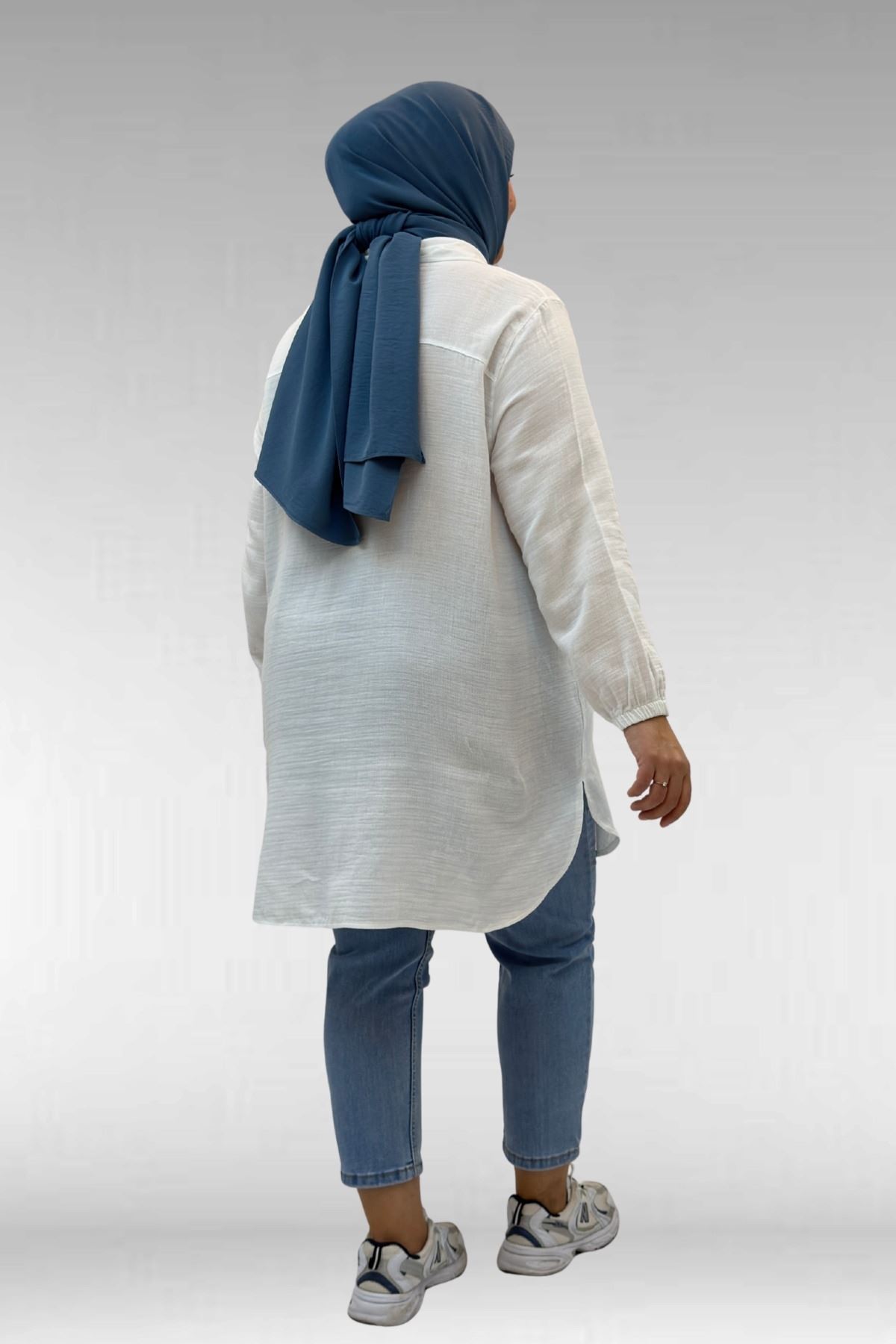 58091 Büyük Beden Kolları Lastikli Müslin Gömlek - Ekru