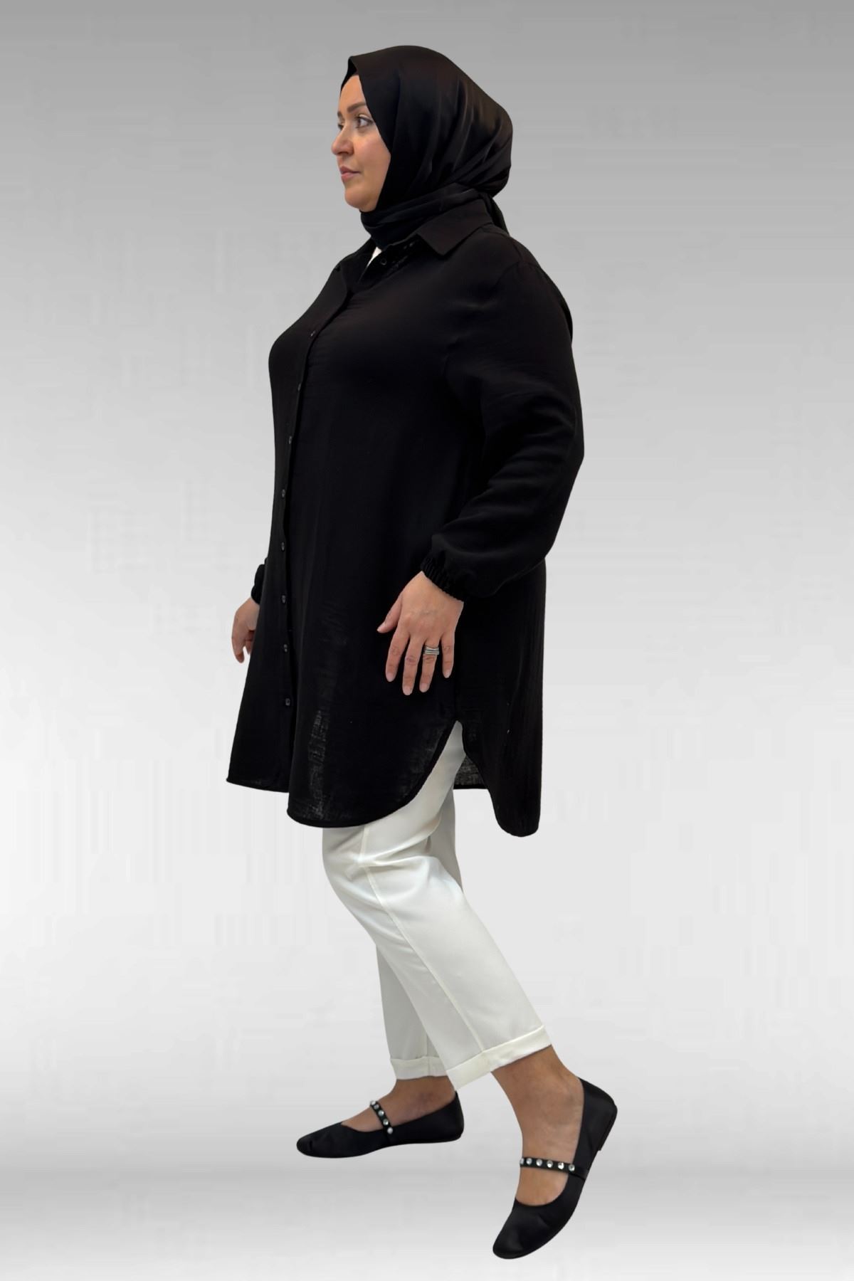 58091 Büyük Beden Kolları Lastikli Müslin Gömlek - Siyah