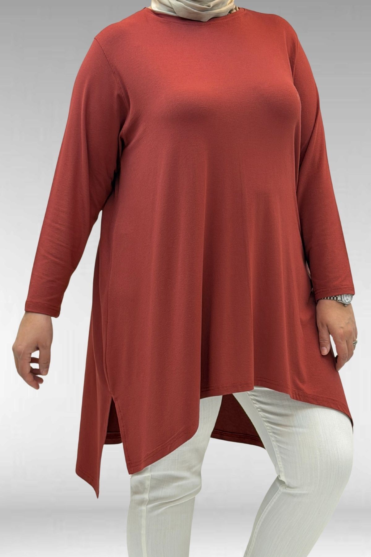 58070 Büyük Beden Asimetrik Kesim Penye Tunik - Kiremit